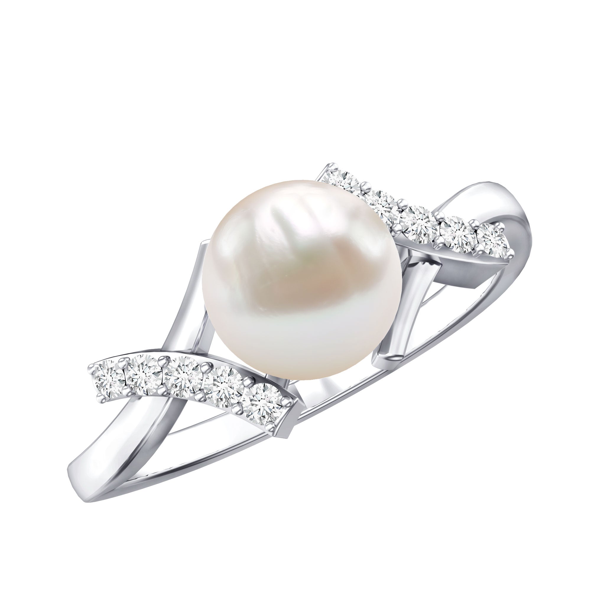 Pure Freshwater Pearl Solitaire Crossover Ring with Diamond AAA - Rosec Jewels