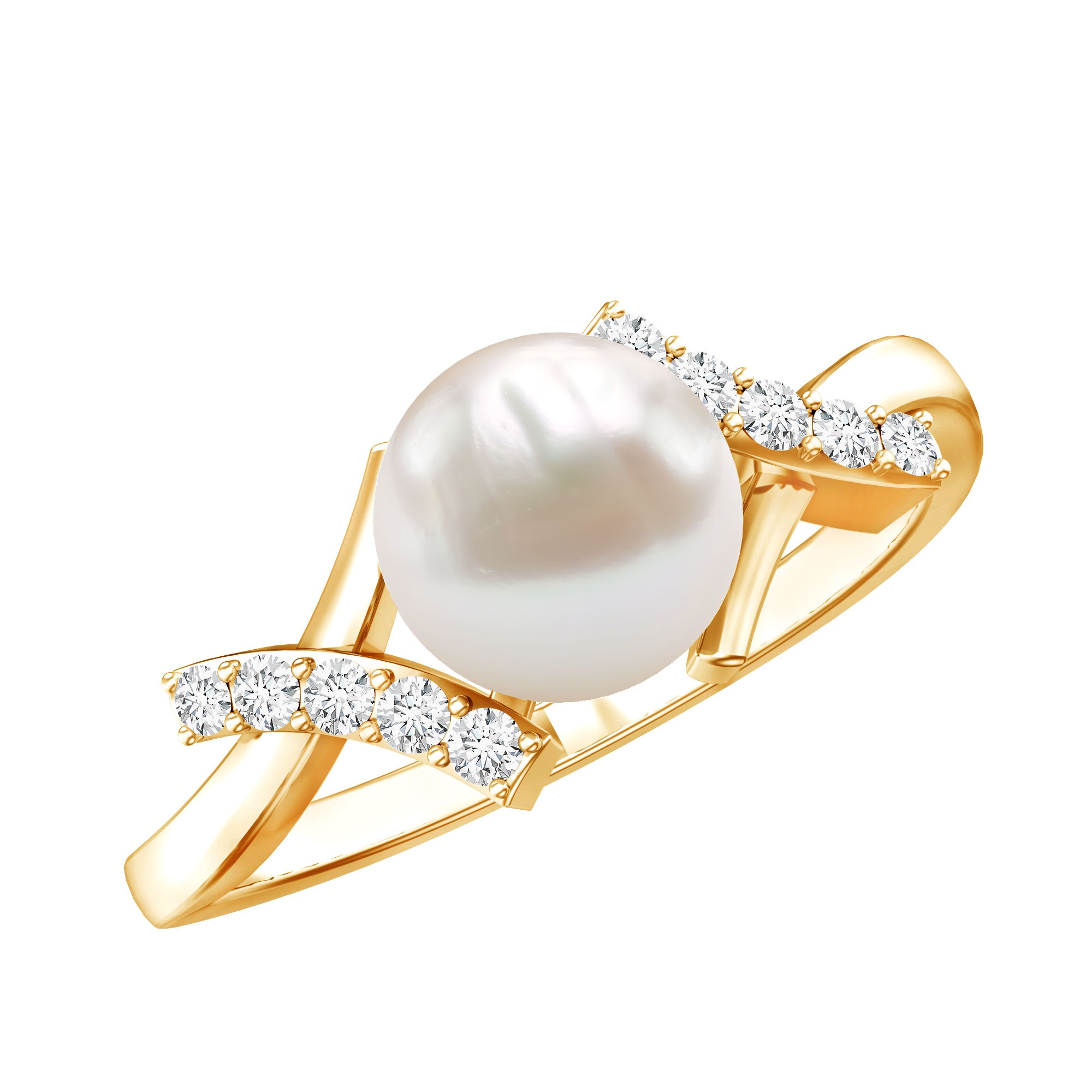 Pure Freshwater Pearl Solitaire Crossover Ring with Diamond AAA - Rosec Jewels