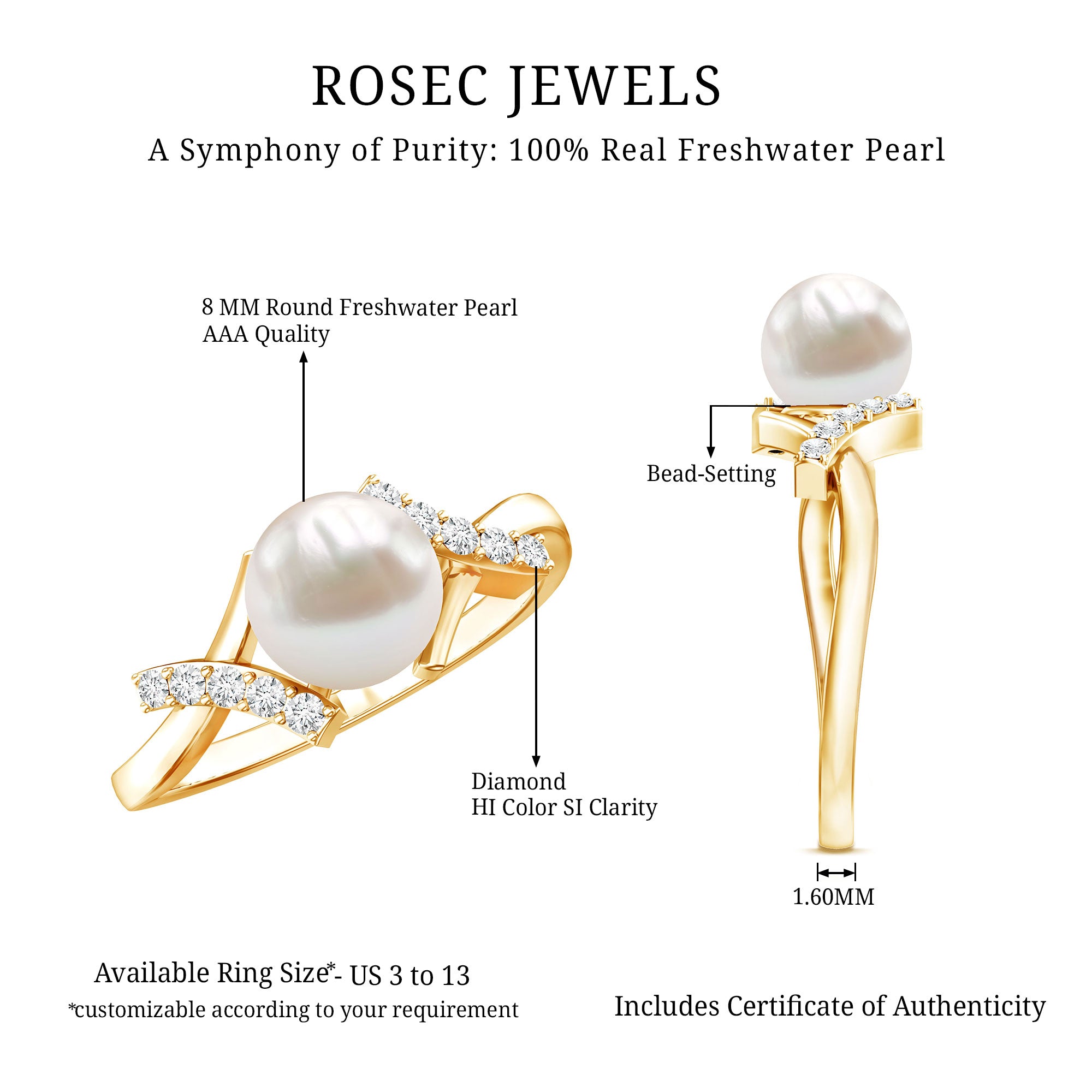 Pure Freshwater Pearl Solitaire Crossover Ring with Diamond AAA - Rosec Jewels