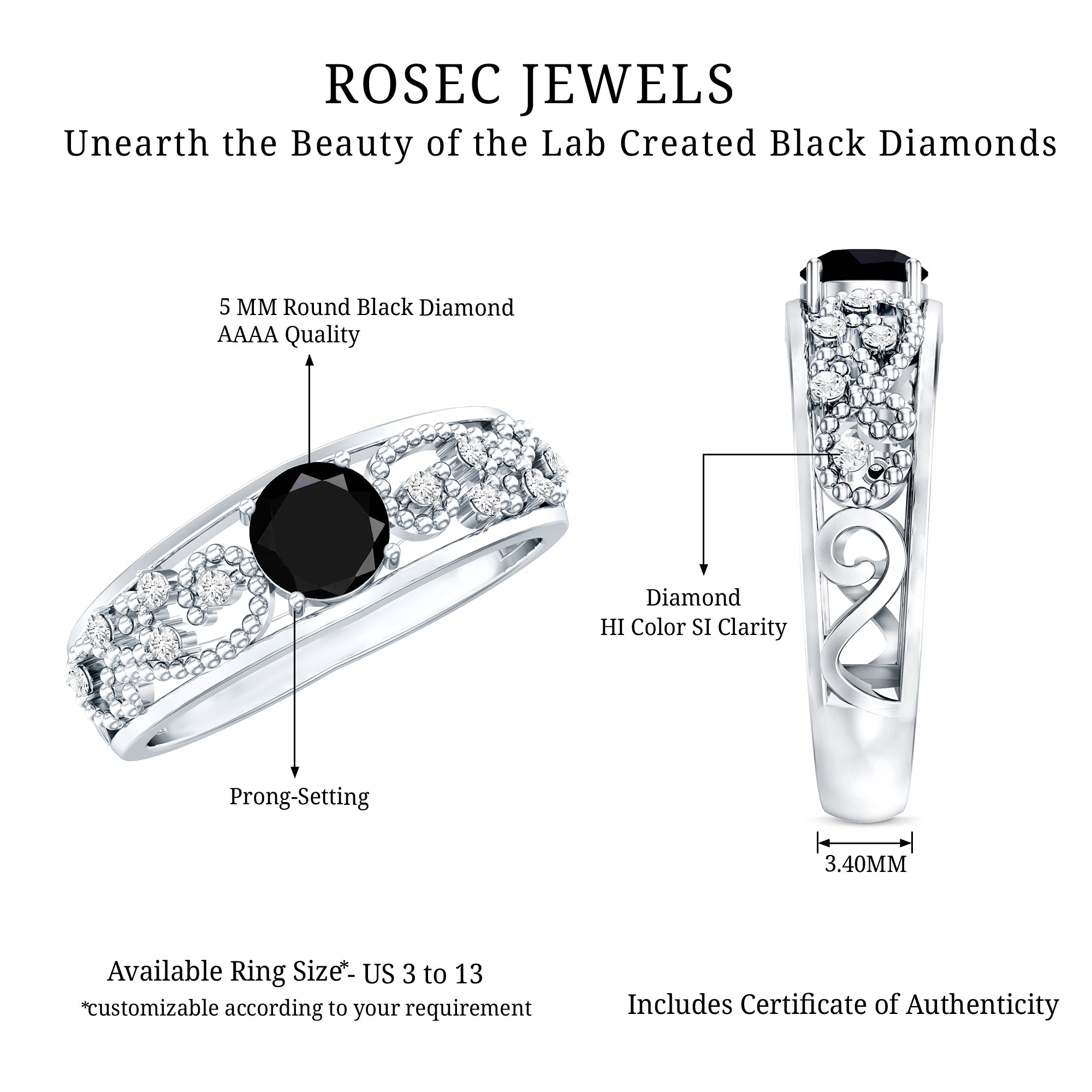Vintage Inspired 0.8 Carat Lab Grown Black and White Diamond Engagement Ring AAAA ( Synthetic ) - Rosec Jewels