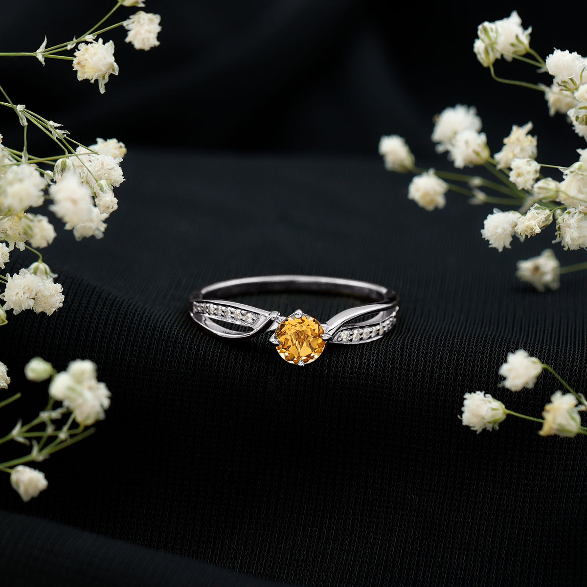 Natural Citrine Engagement Ring with Diamond Crossover Shank AAA - Rosec Jewels