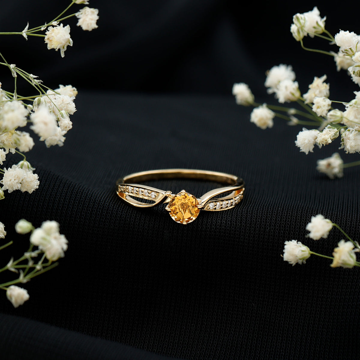Natural Citrine Engagement Ring with Diamond Crossover Shank AAA - Rosec Jewels