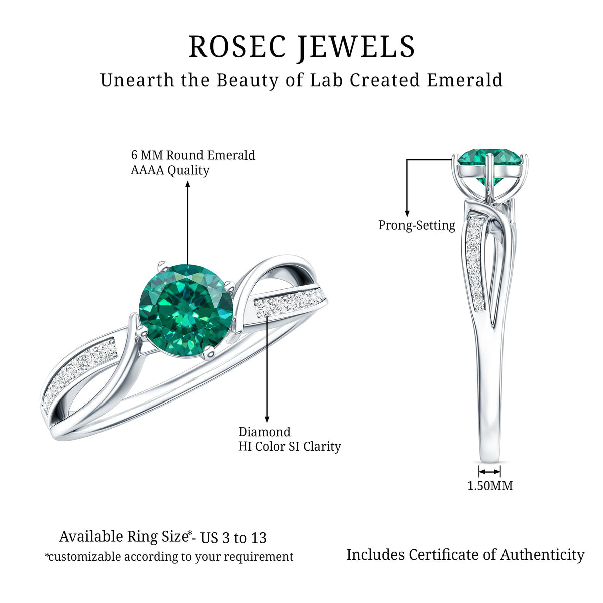 Certified Lab Grown Emerald Diamond Engagement Ring with Infinity Shank AAAA - Rosec Jewels