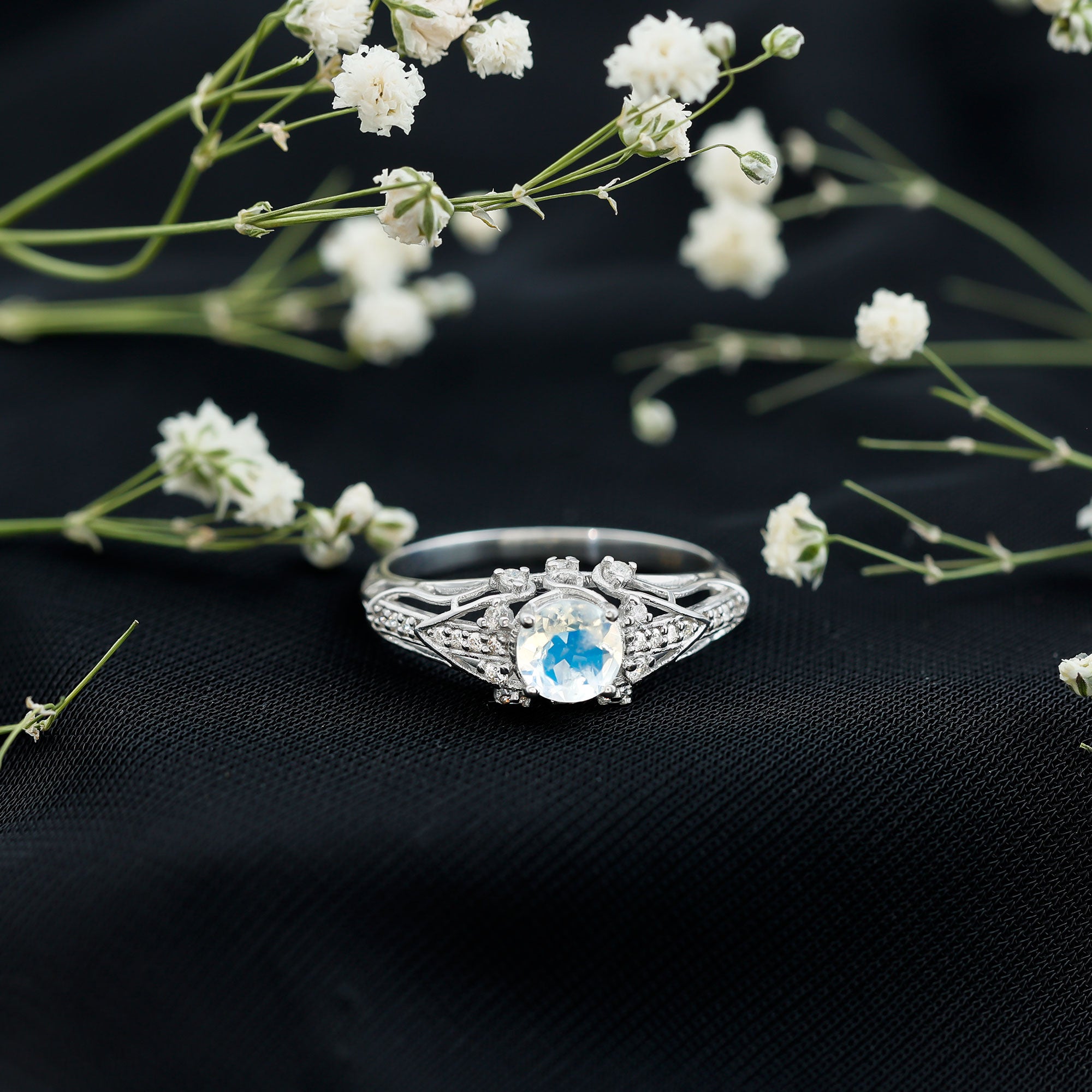 Vintage Inspired Moonstone Engagement Ring with Diamond AAA - Rosec Jewels