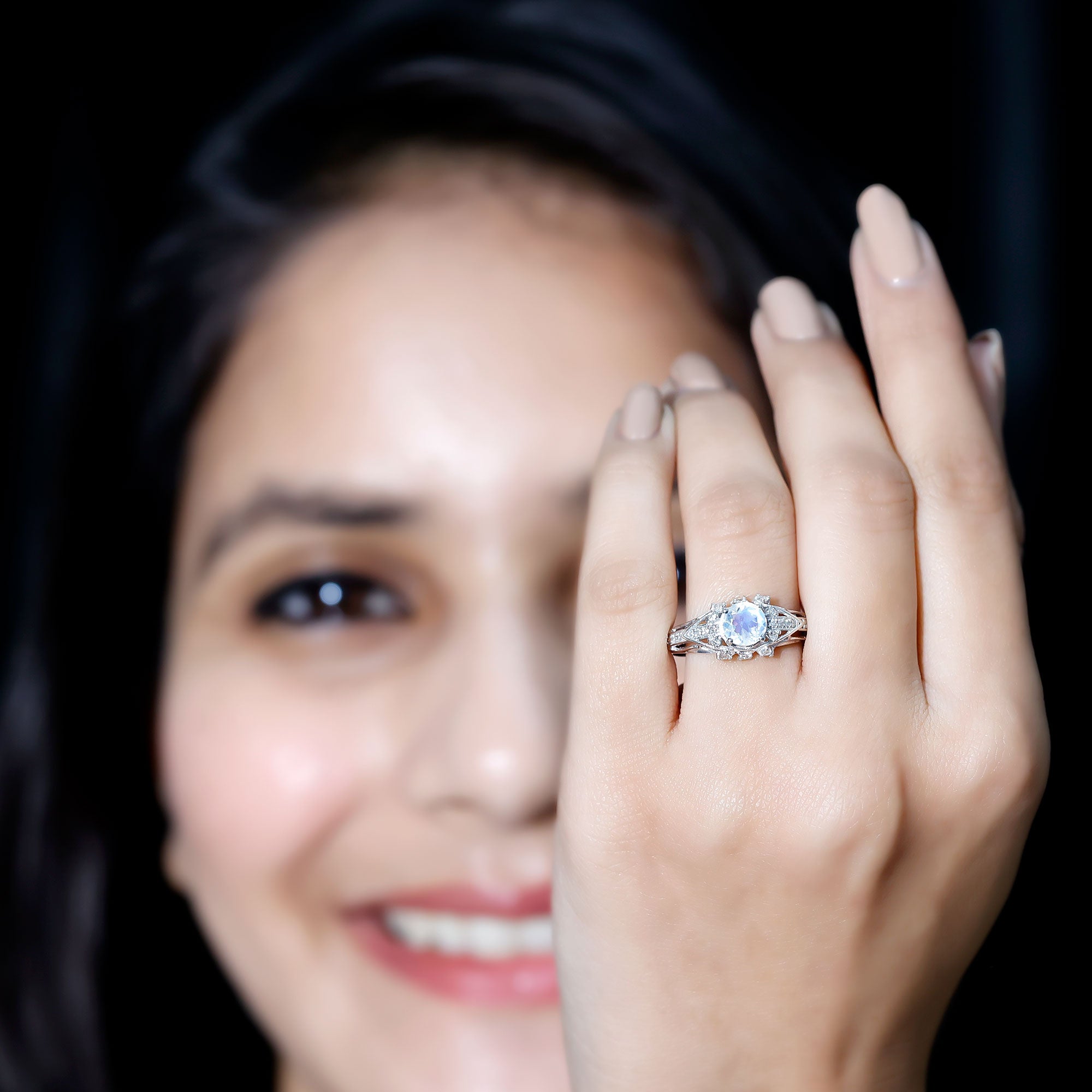 Vintage Inspired Moonstone Engagement Ring with Diamond AAA - Rosec Jewels