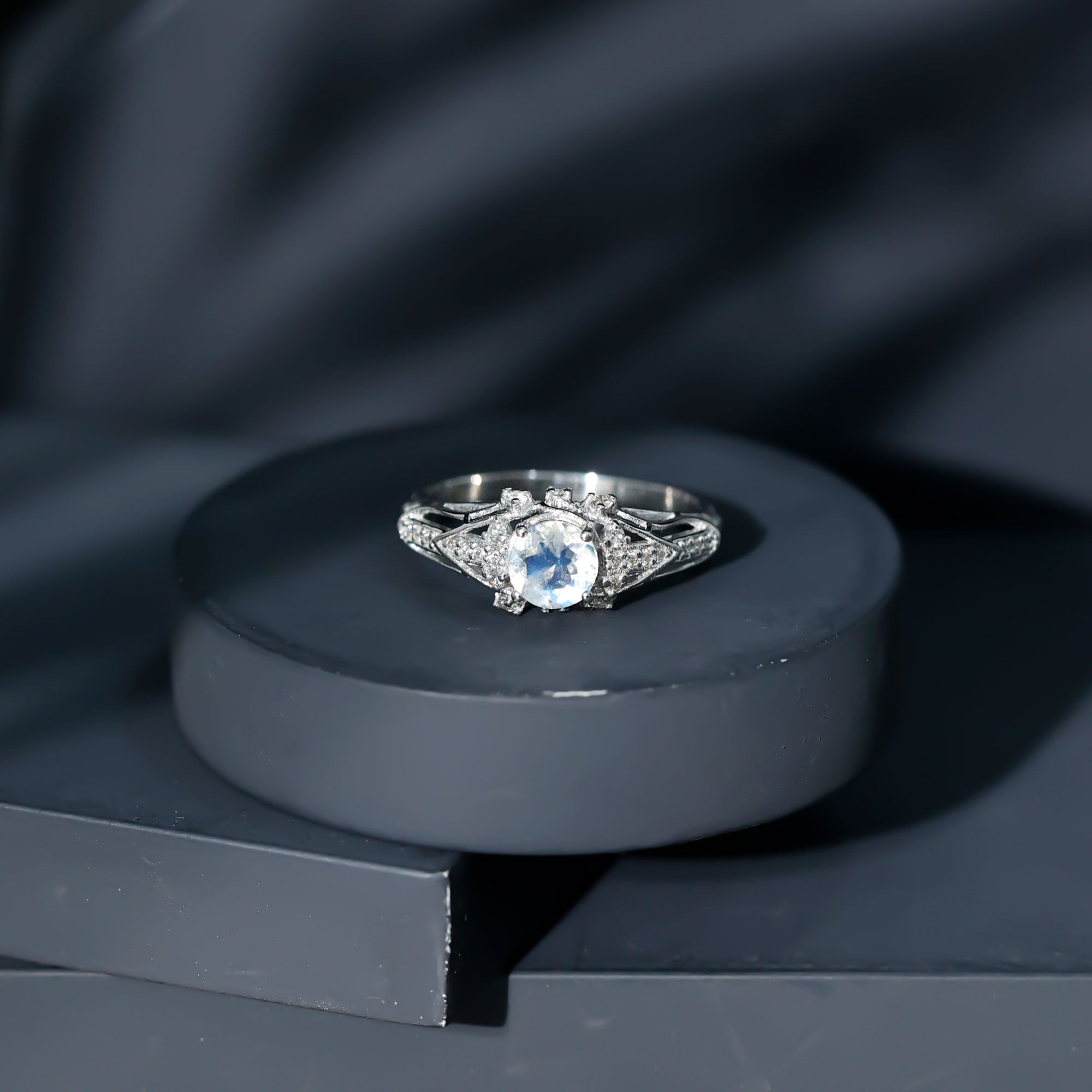 Vintage Inspired Moonstone Engagement Ring with Diamond AAA - Rosec Jewels