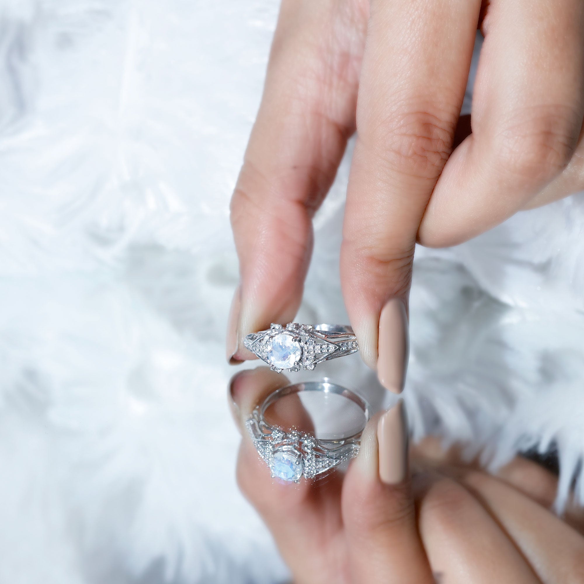 Vintage Inspired Moonstone Engagement Ring with Diamond AAA - Rosec Jewels