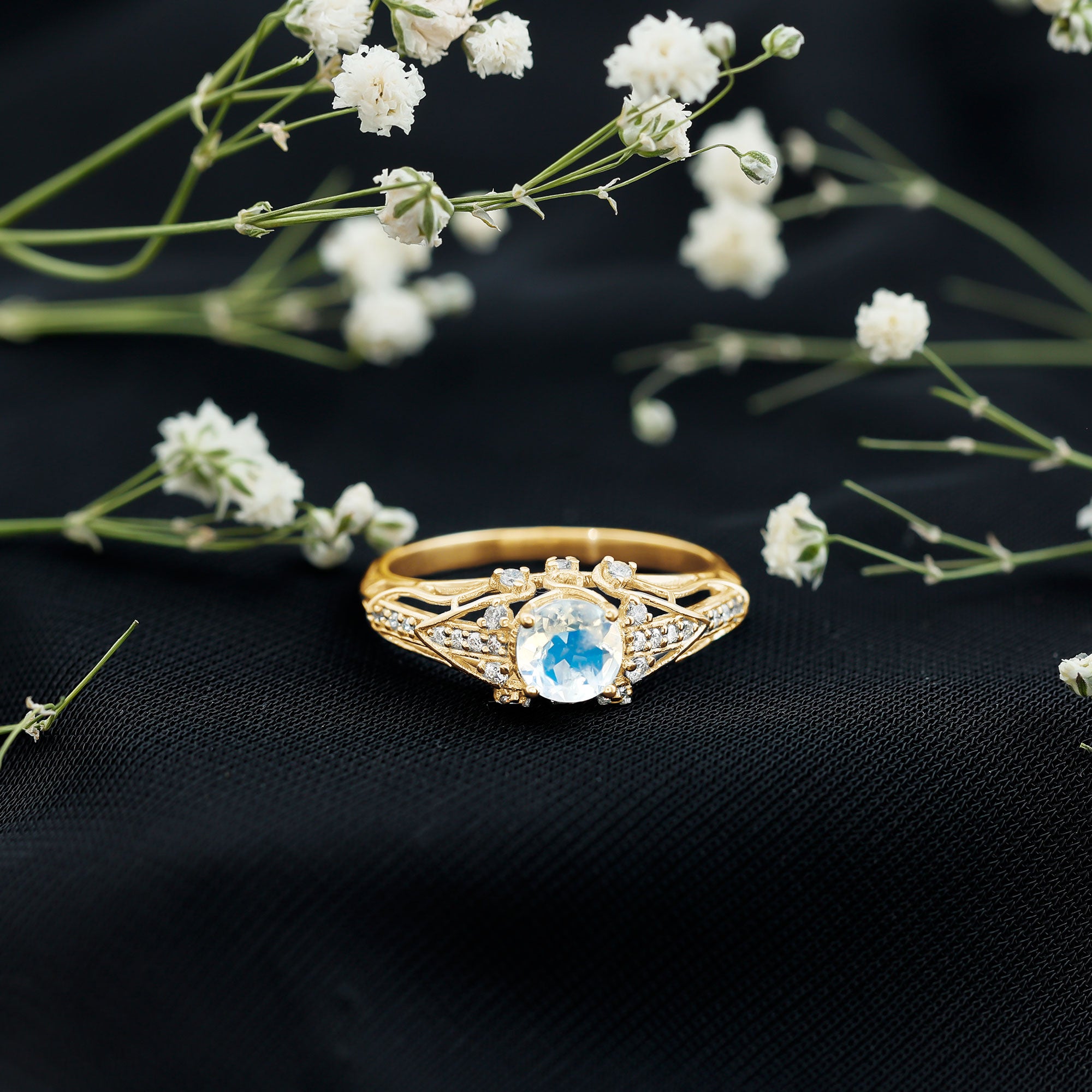 Vintage Inspired Moonstone Engagement Ring with Diamond AAA - Rosec Jewels