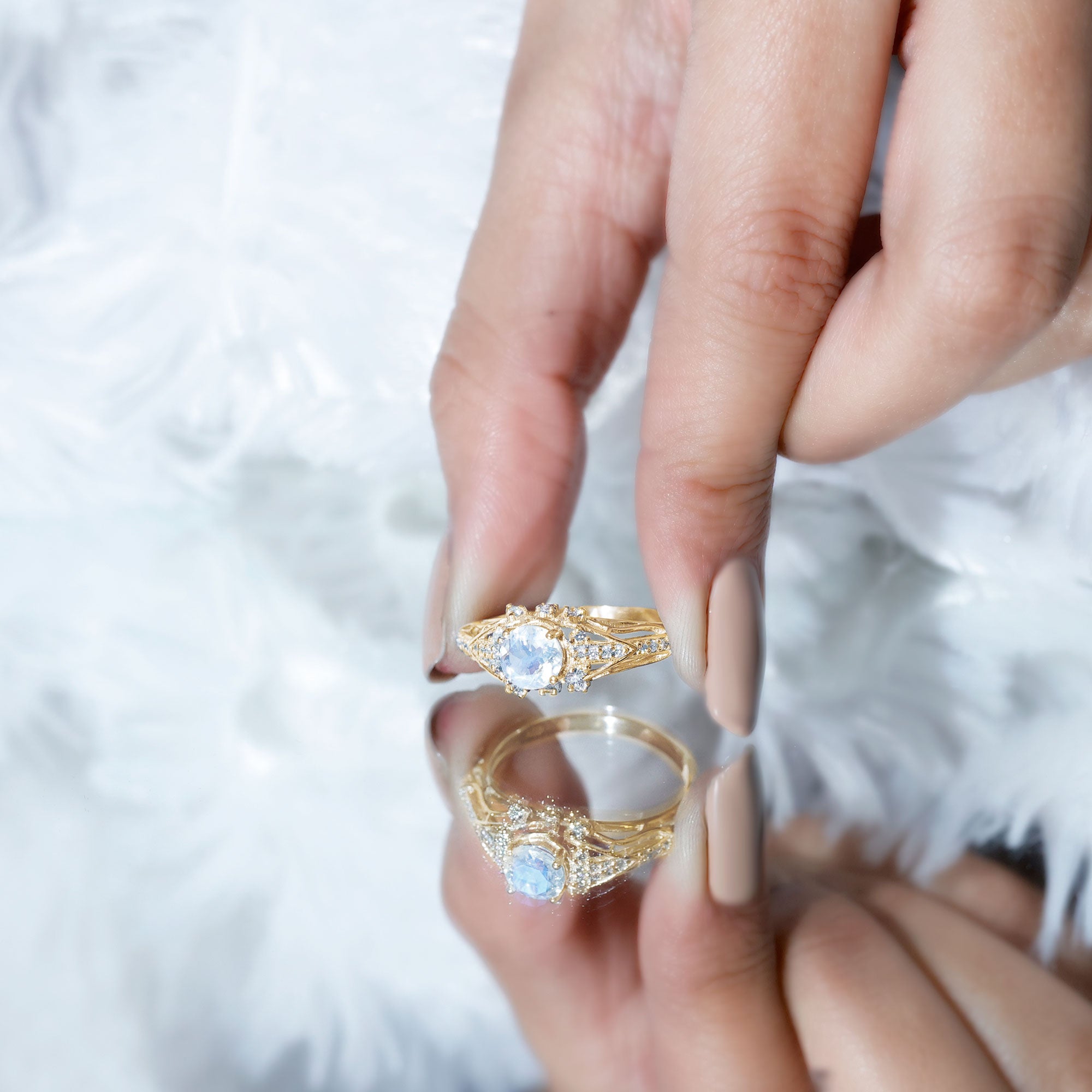 Vintage Inspired Moonstone Engagement Ring with Diamond AAA - Rosec Jewels