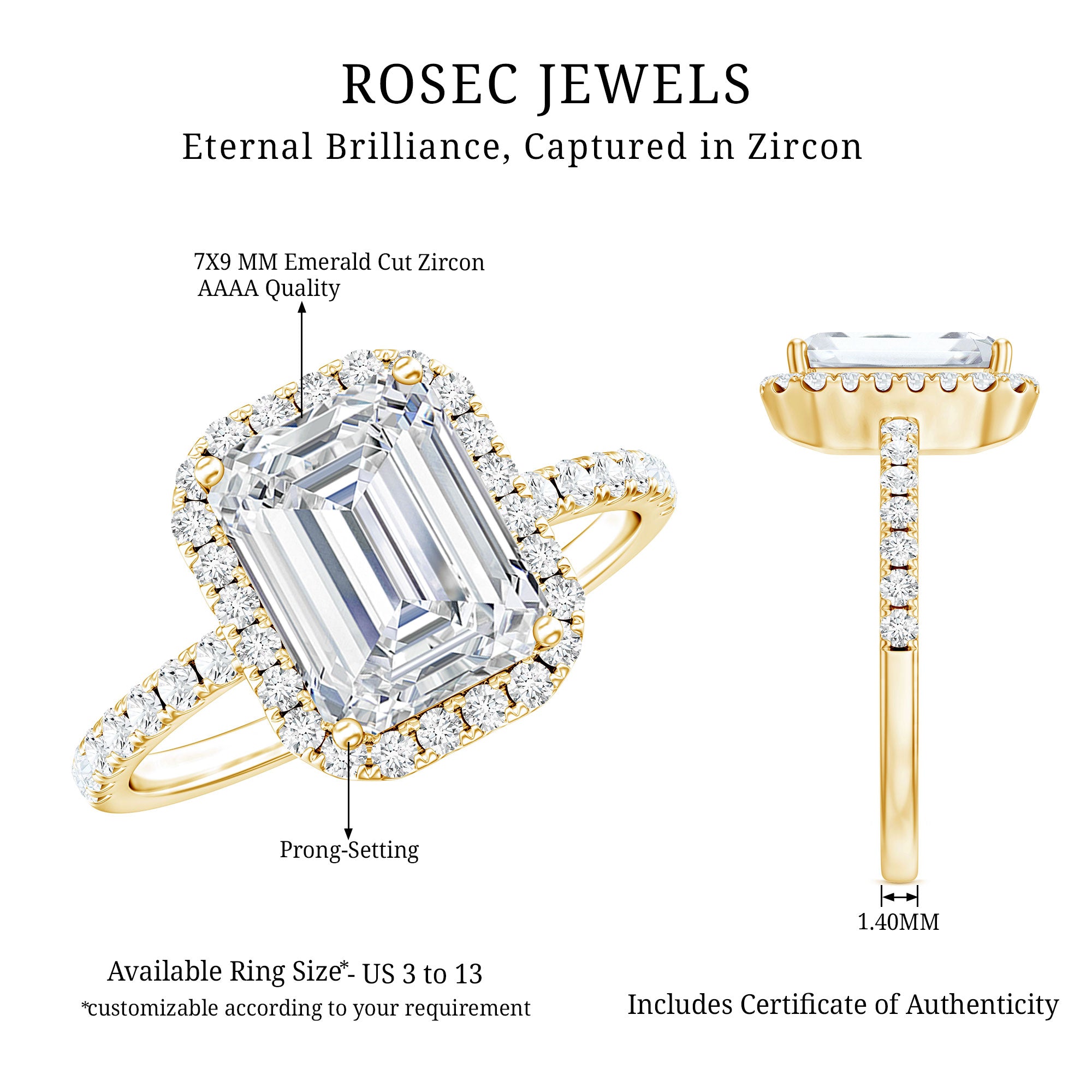 2.8 Carat Emerald Cut Cubic Zirconia Halo Engagement Ring AAAA - Rosec Jewels