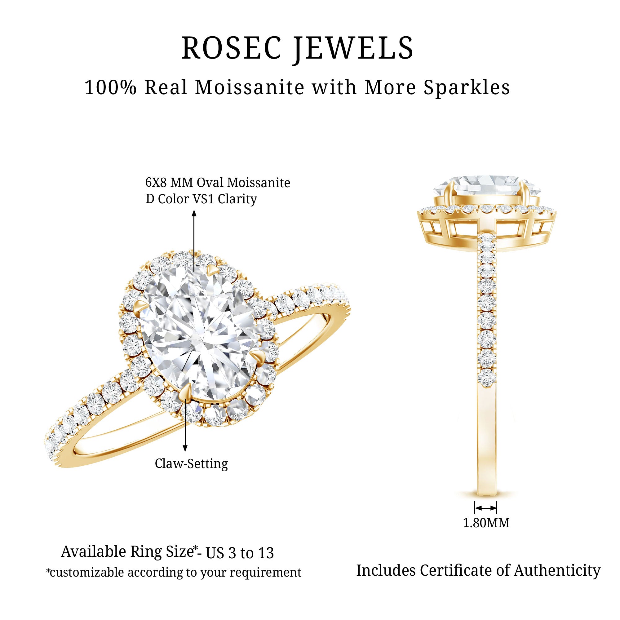 Brilliant Cut Moissanite Oblong Engagement Ring With Certificate D-VS1 - Rosec Jewels