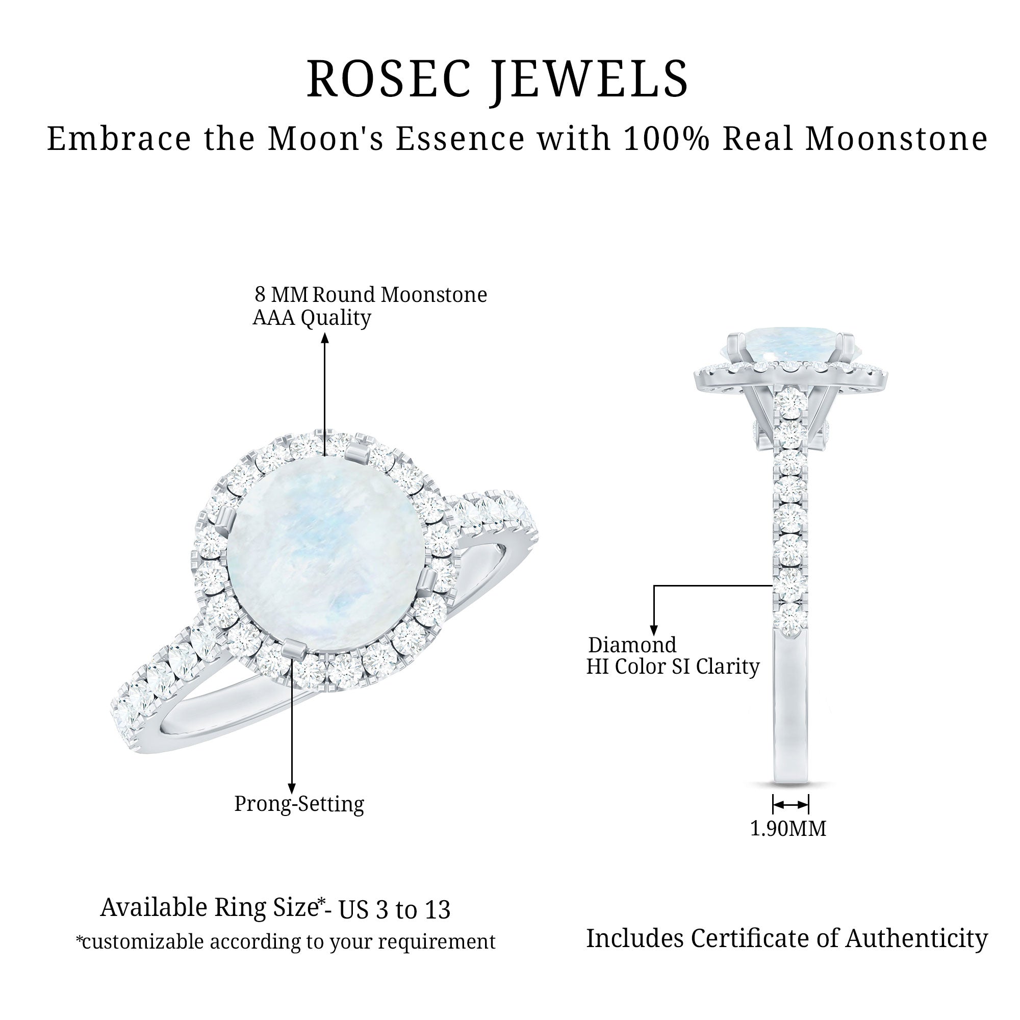 0.8 Carat Round Moonstone Halo Engagement Ring with Diamond AAA - Rosec Jewels