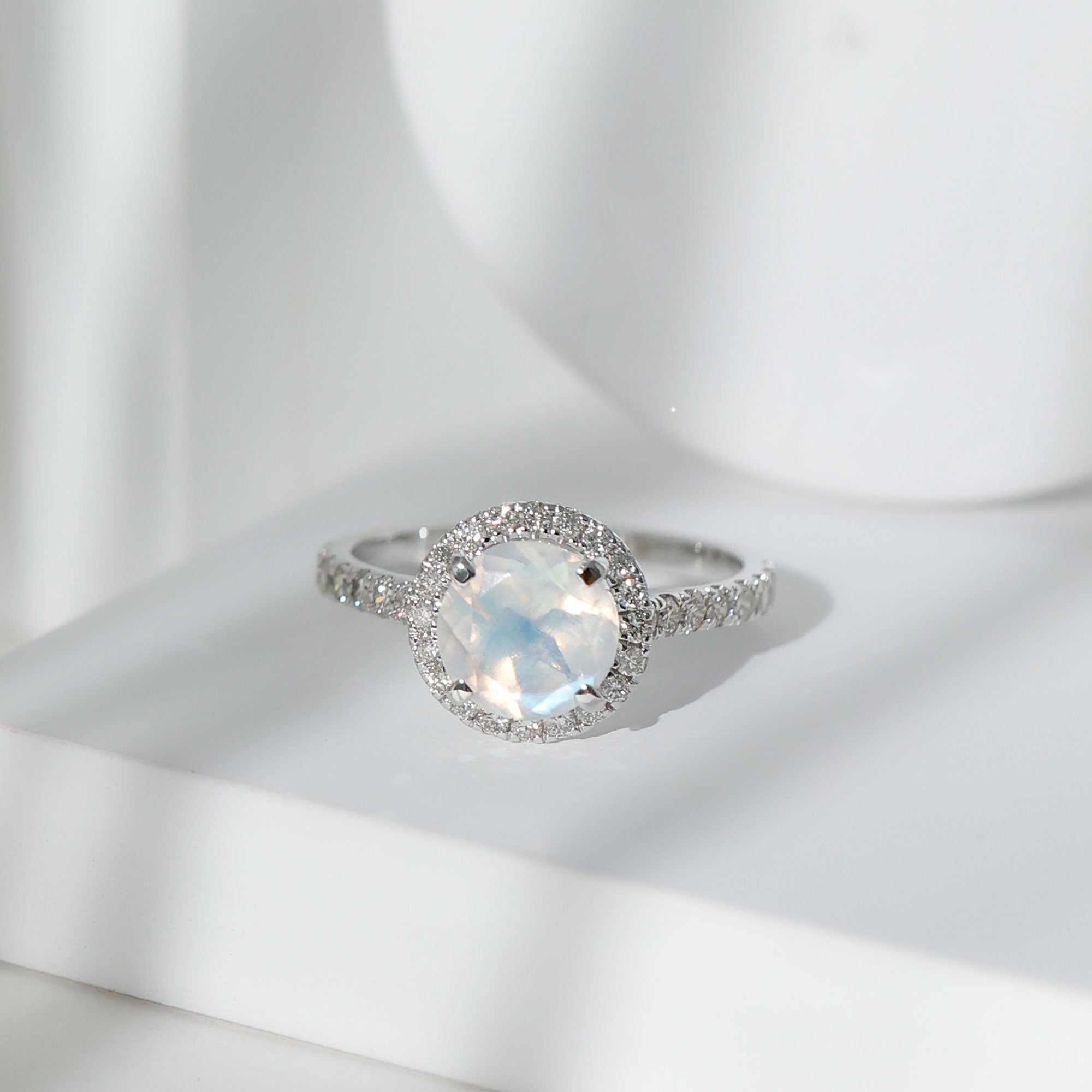 0.8 Carat Round Moonstone Halo Engagement Ring with Diamond AAA - Rosec Jewels