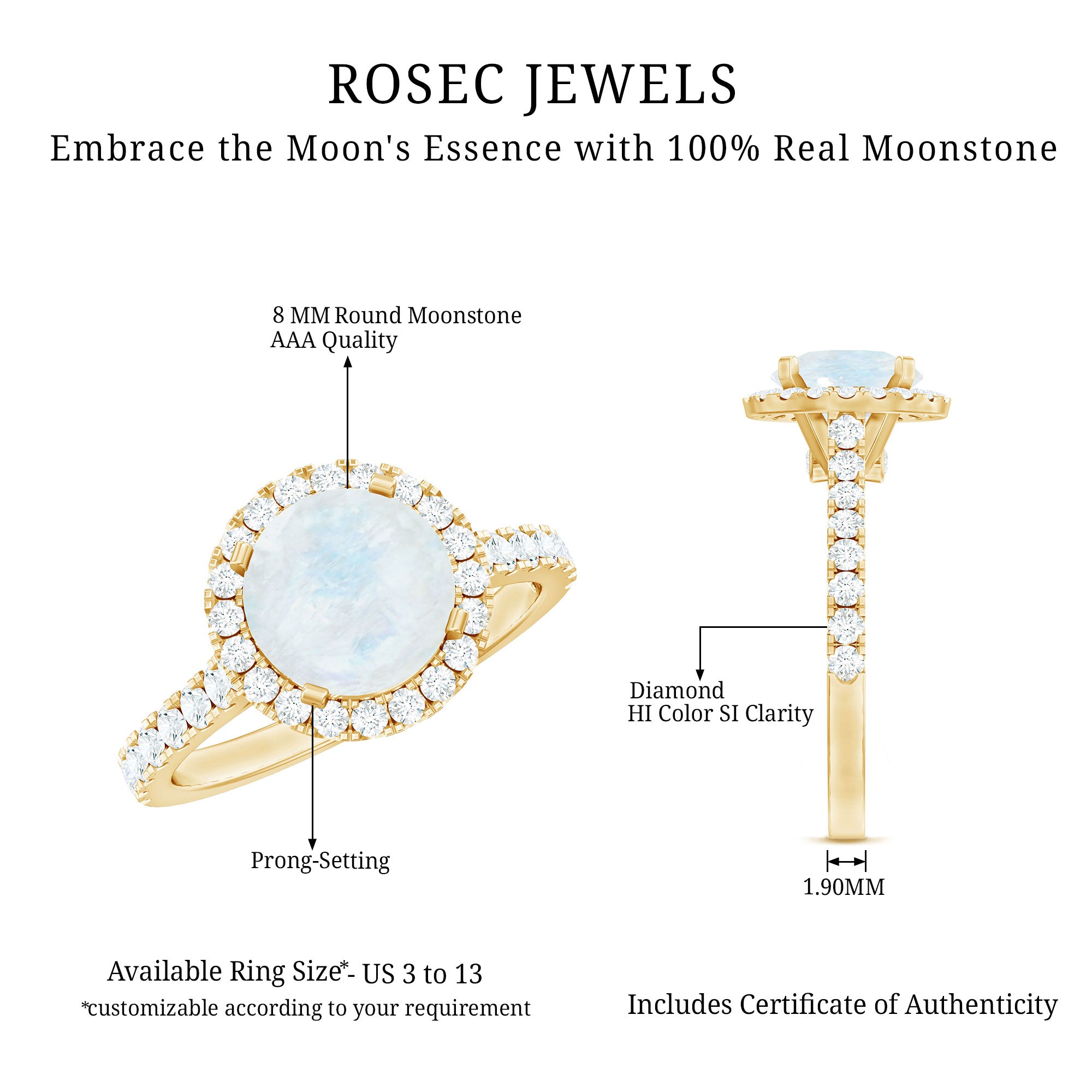 0.8 Carat Round Moonstone Halo Engagement Ring with Diamond AAA - Rosec Jewels