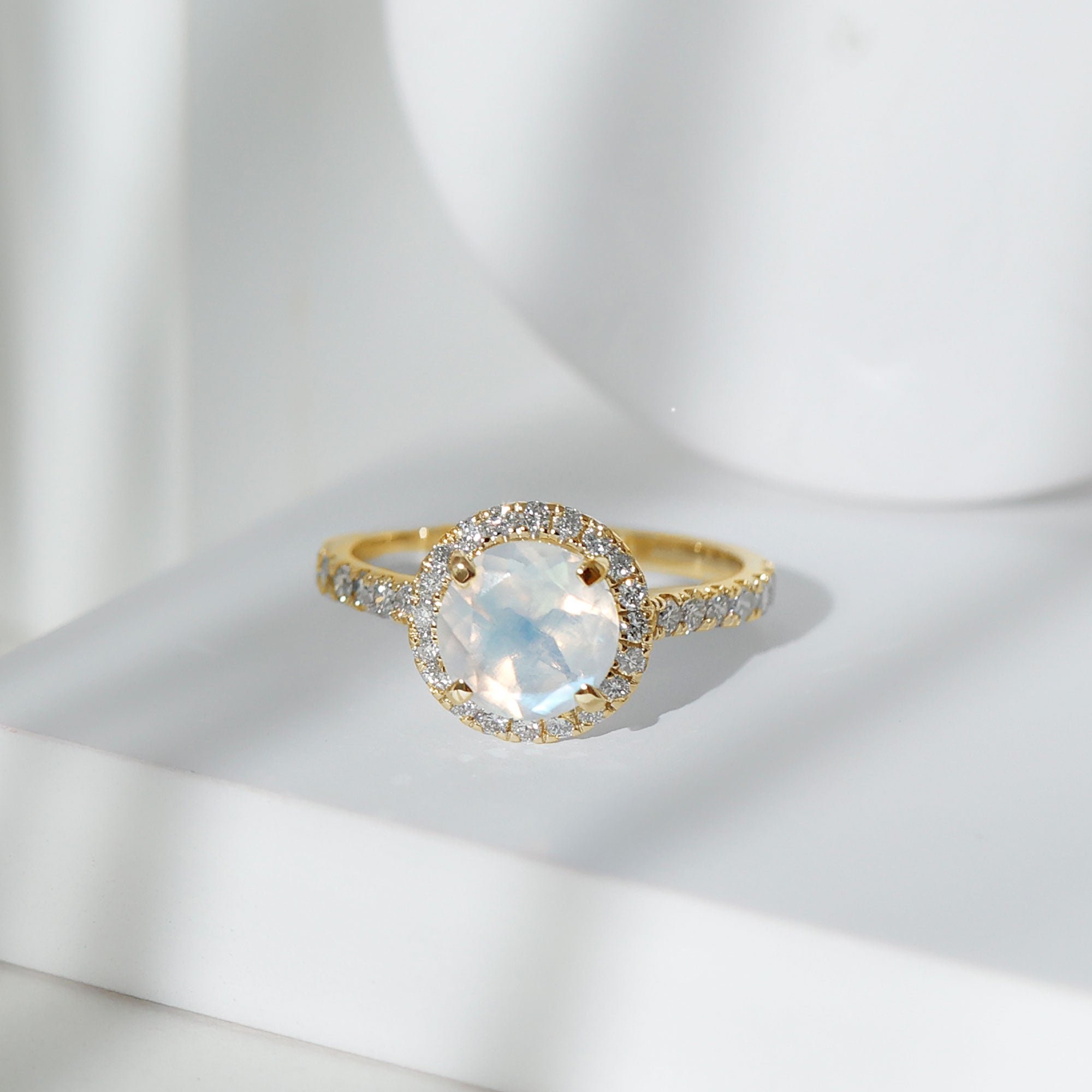 0.8 Carat Round Moonstone Halo Engagement Ring with Diamond AAA - Rosec Jewels