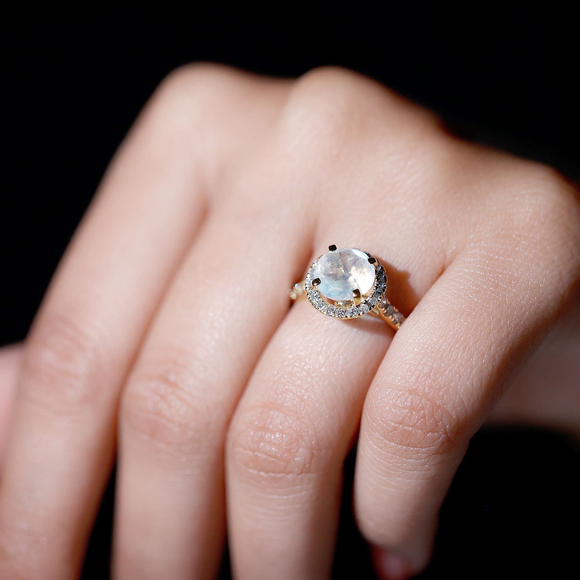 0.8 Carat Round Moonstone Halo Engagement Ring with Diamond AAA - Rosec Jewels