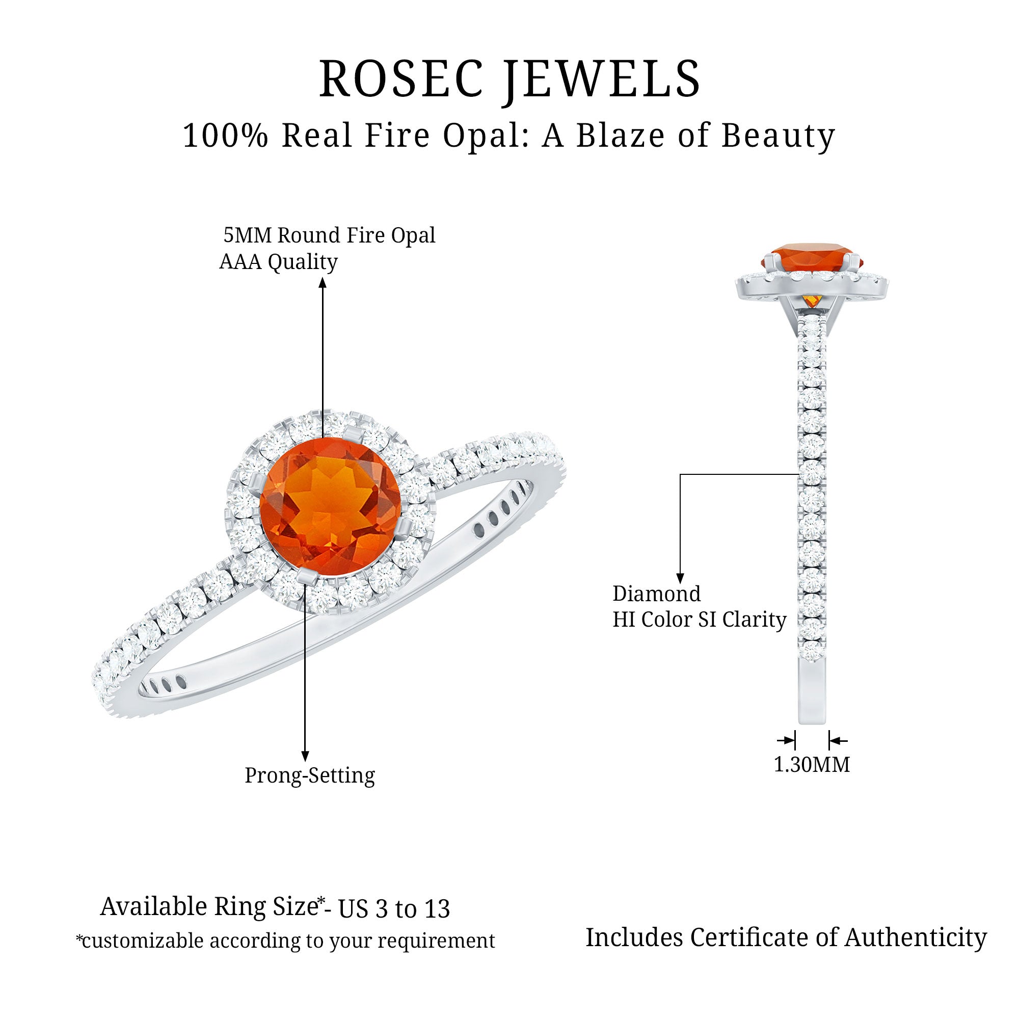 Round Shape Fire Opal Halo Engagement Ring with Diamond AAA - Rosec Jewels