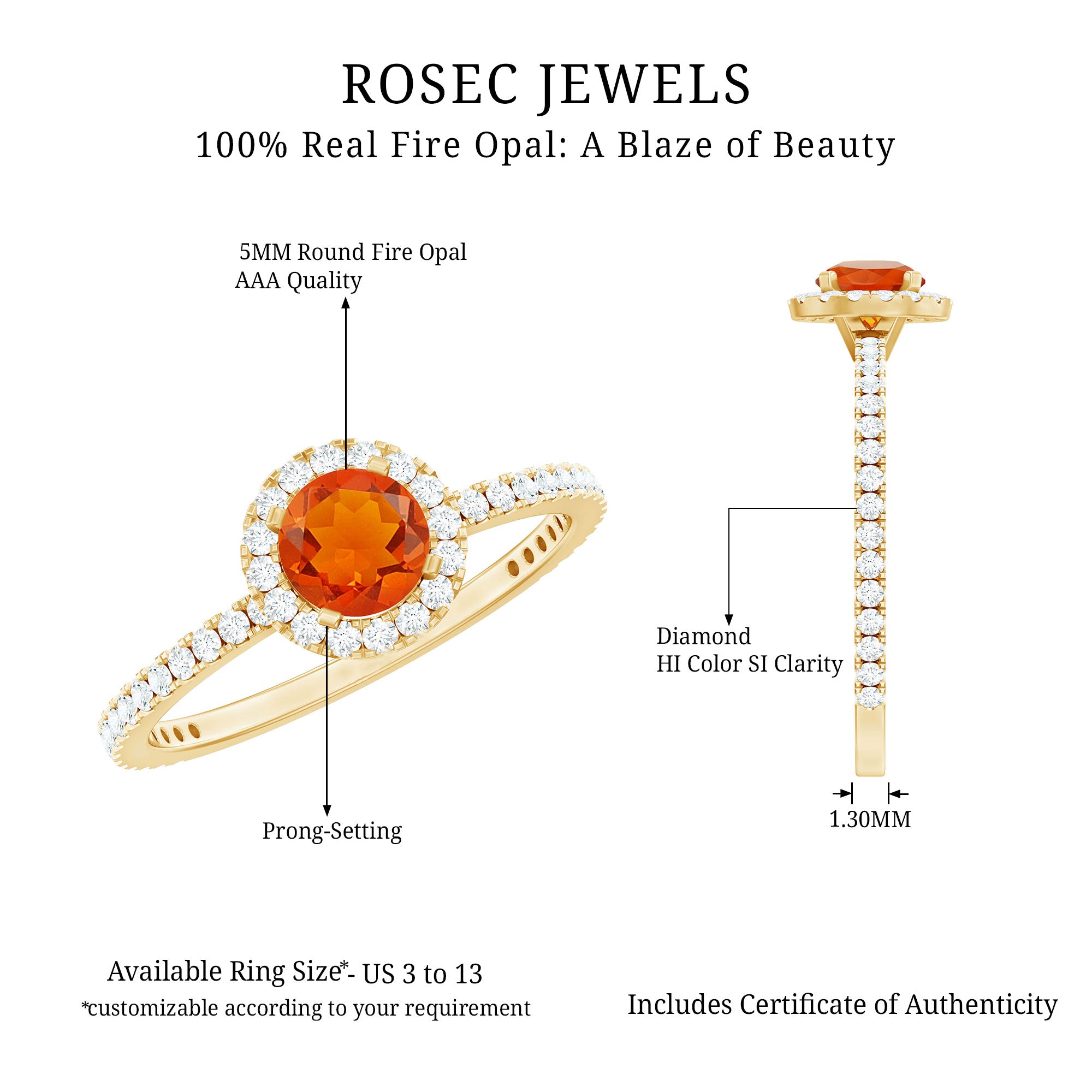 Round Shape Fire Opal Halo Engagement Ring with Diamond AAA - Rosec Jewels