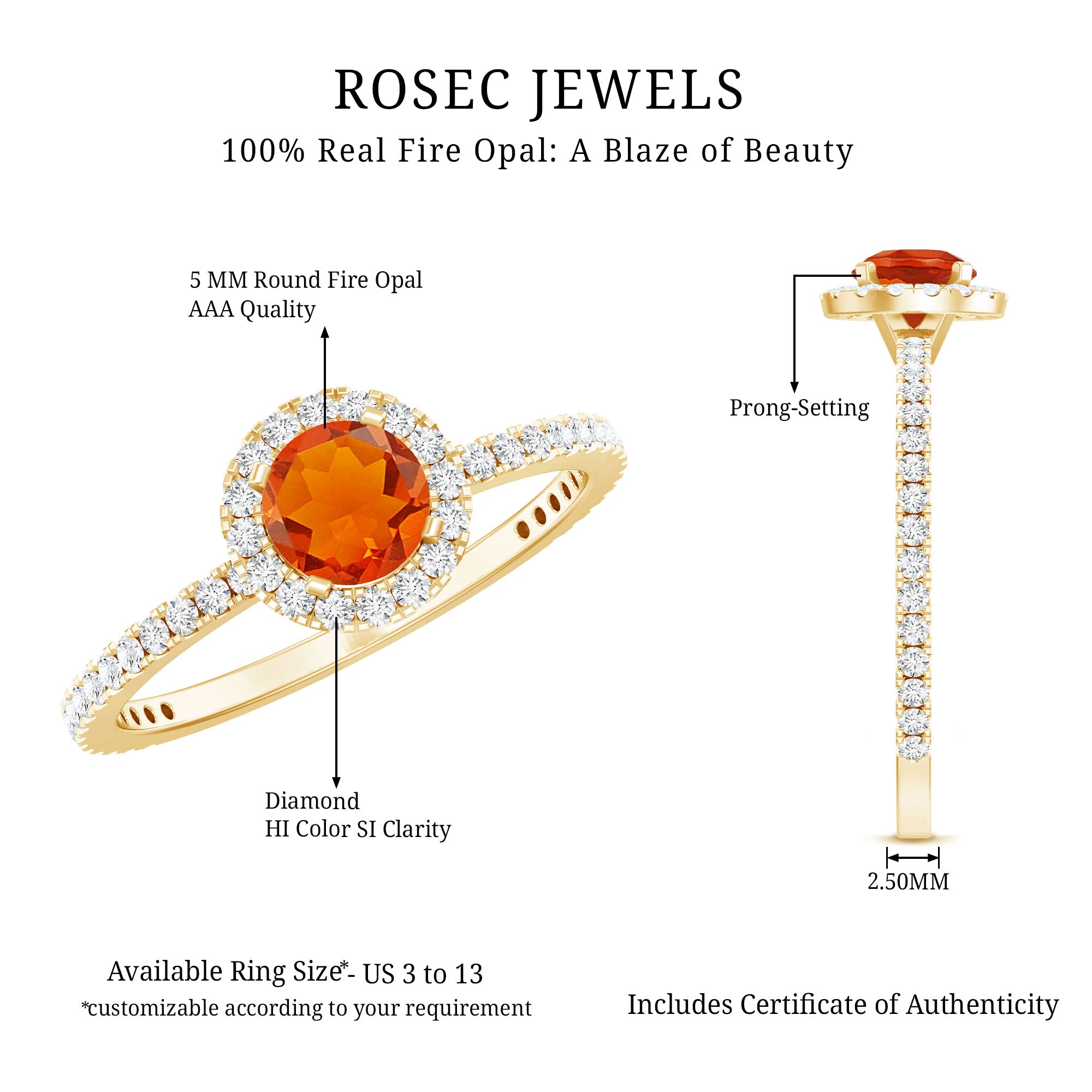 Round Shape Fire Opal Halo Engagement Ring with Diamond AAA - Rosec Jewels
