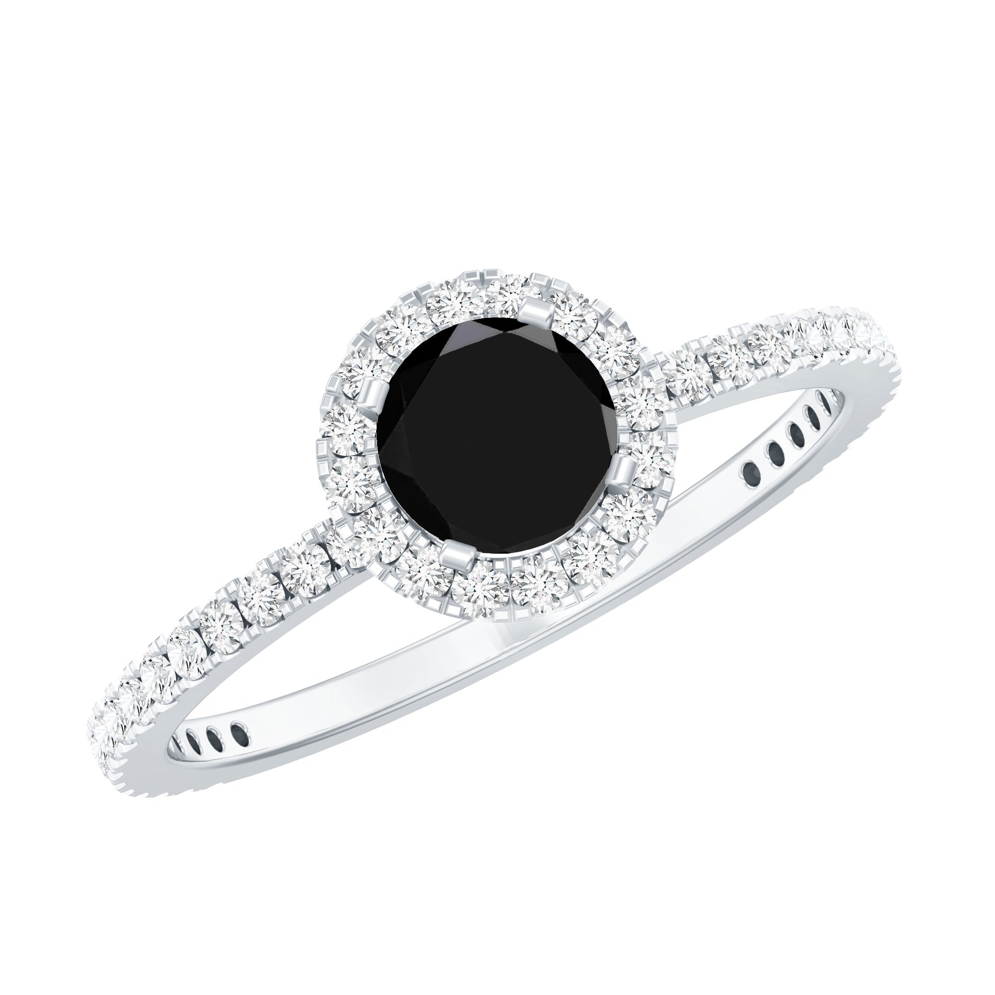 Black Spinel Minimal Engagement Ring with Diamond Halo AAA - Rosec Jewels