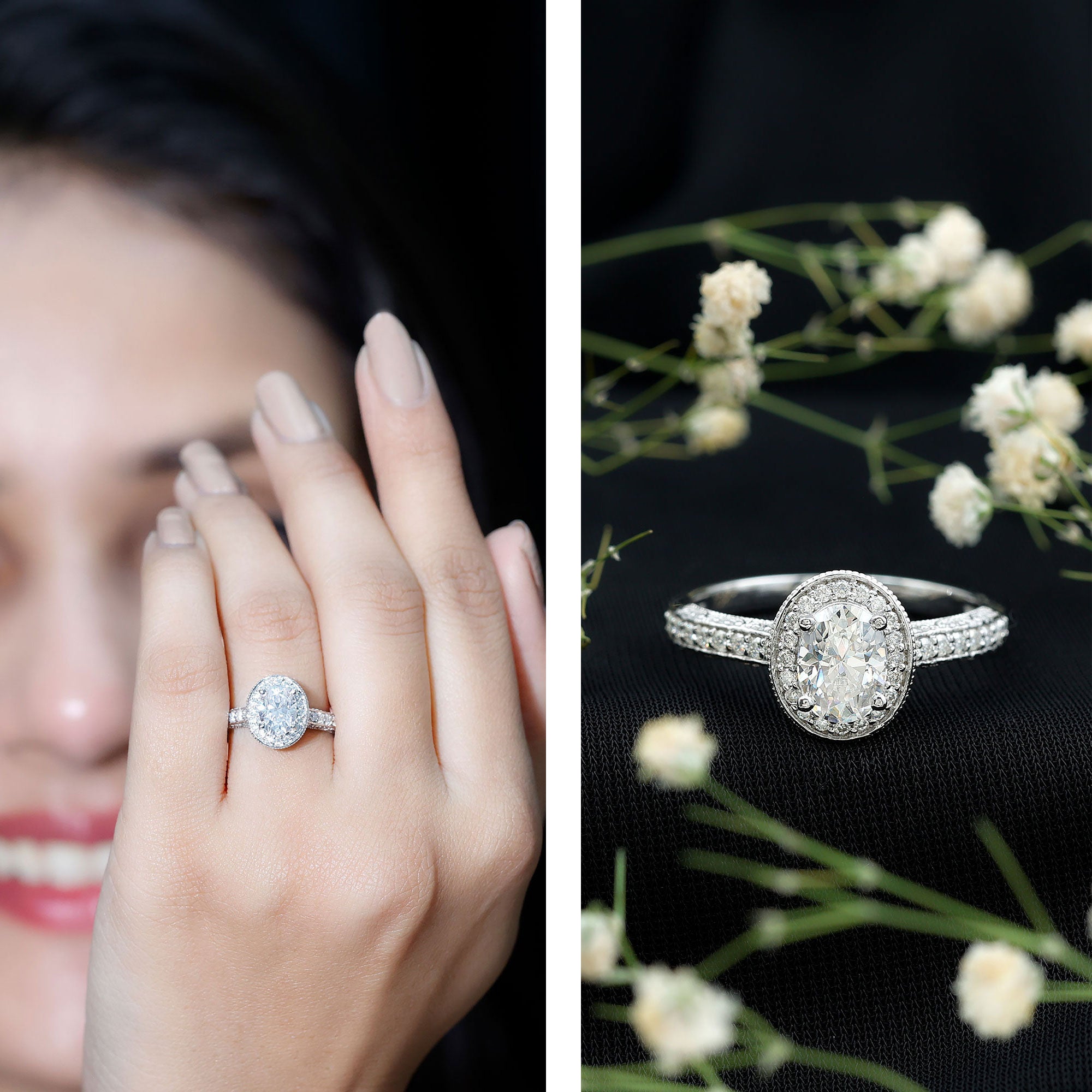 Vintage Style Oval Simulated Diamond Halo Engagement Ring AAAA - Rosec Jewels
