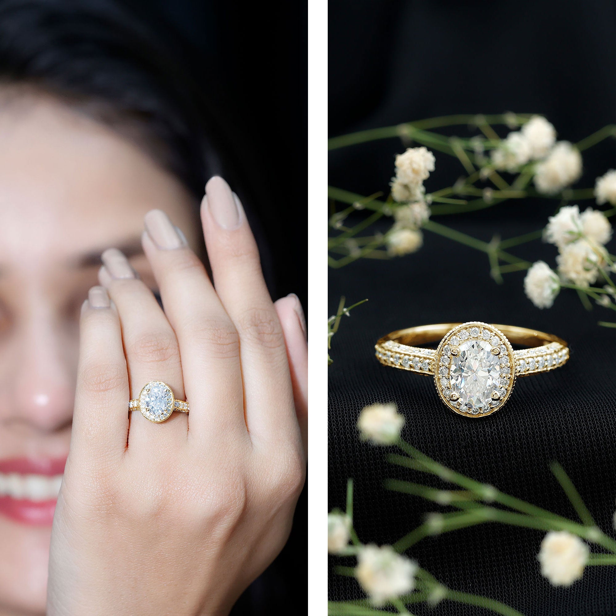 Vintage Style Oval Simulated Diamond Halo Engagement Ring AAAA - Rosec Jewels