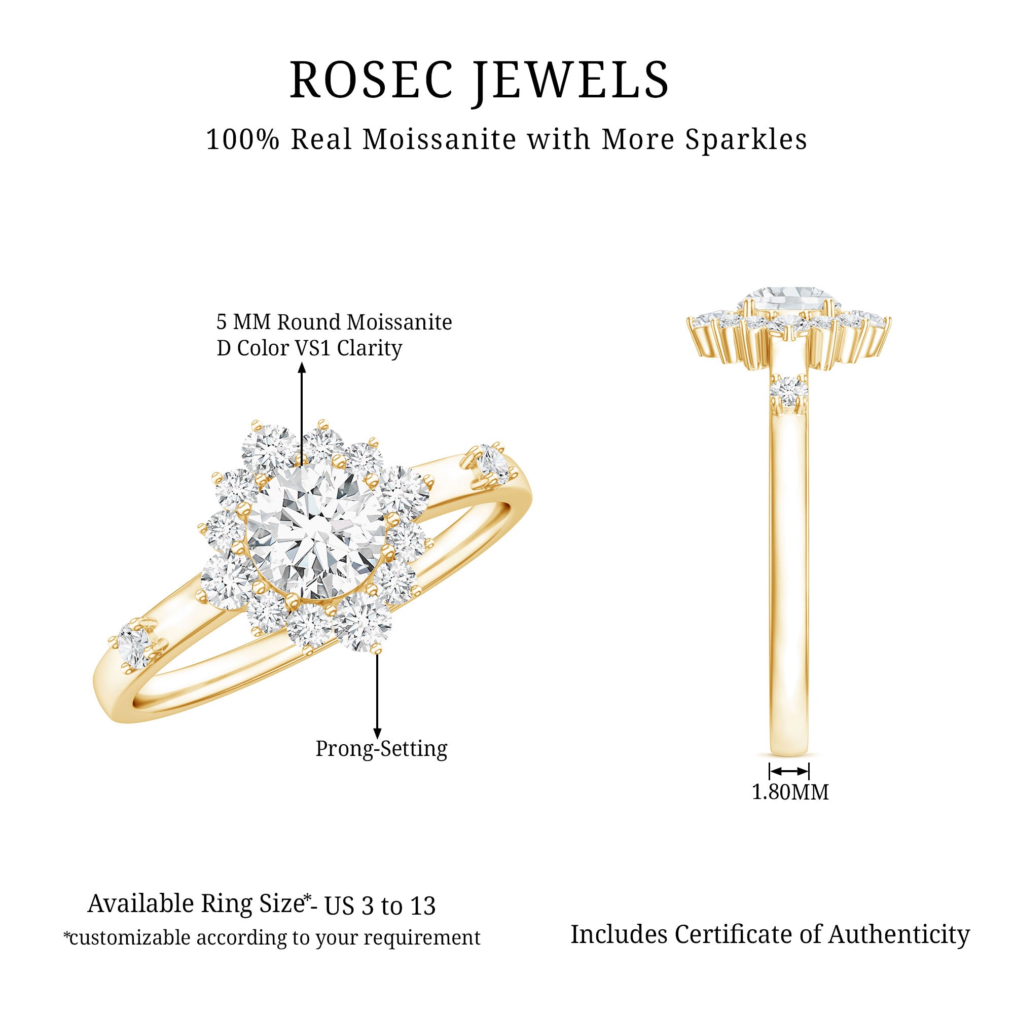 Rosec Jewels-Round Moissanite Engagement Ring with Halo
