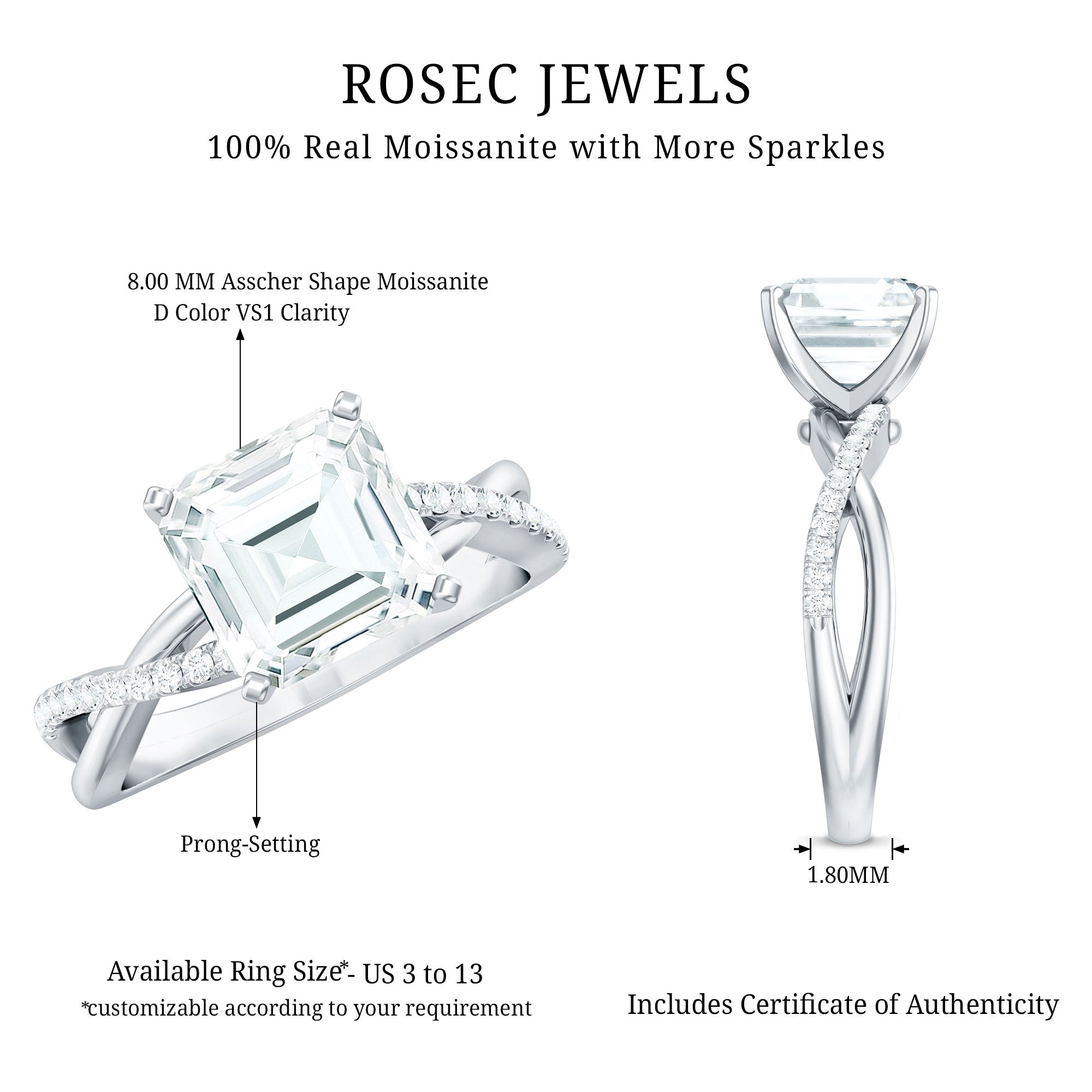 Certified Moissanite Asscher Cut Engagement Ring with Twisted Shank D-VS1 - Rosec Jewels