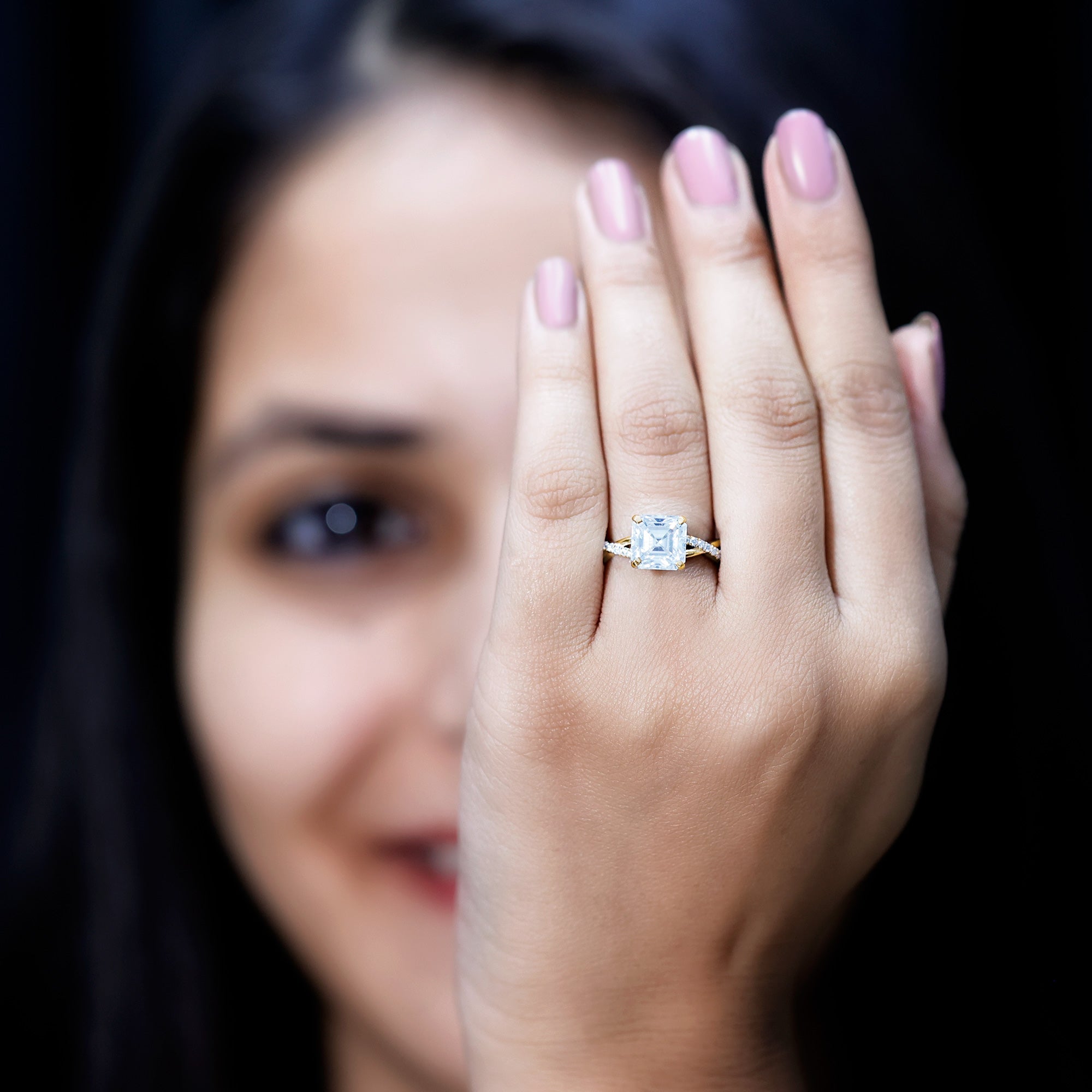 Certified Moissanite Asscher Cut Engagement Ring with Twisted Shank D-VS1 - Rosec Jewels