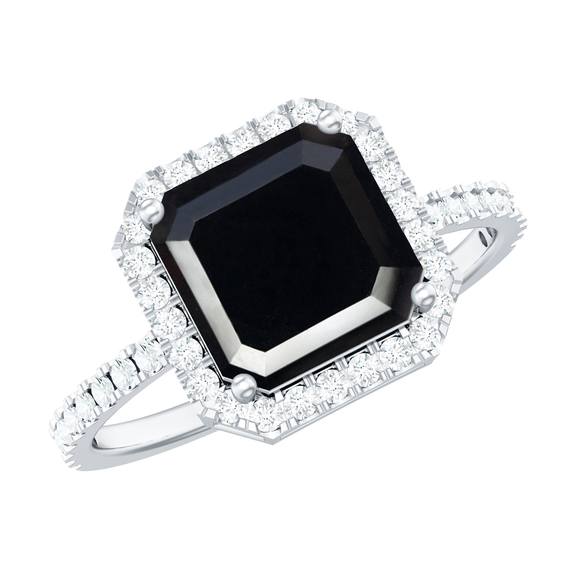 8mm Asscher Cut Black Onyx Halo Engagement Ring with Diamond