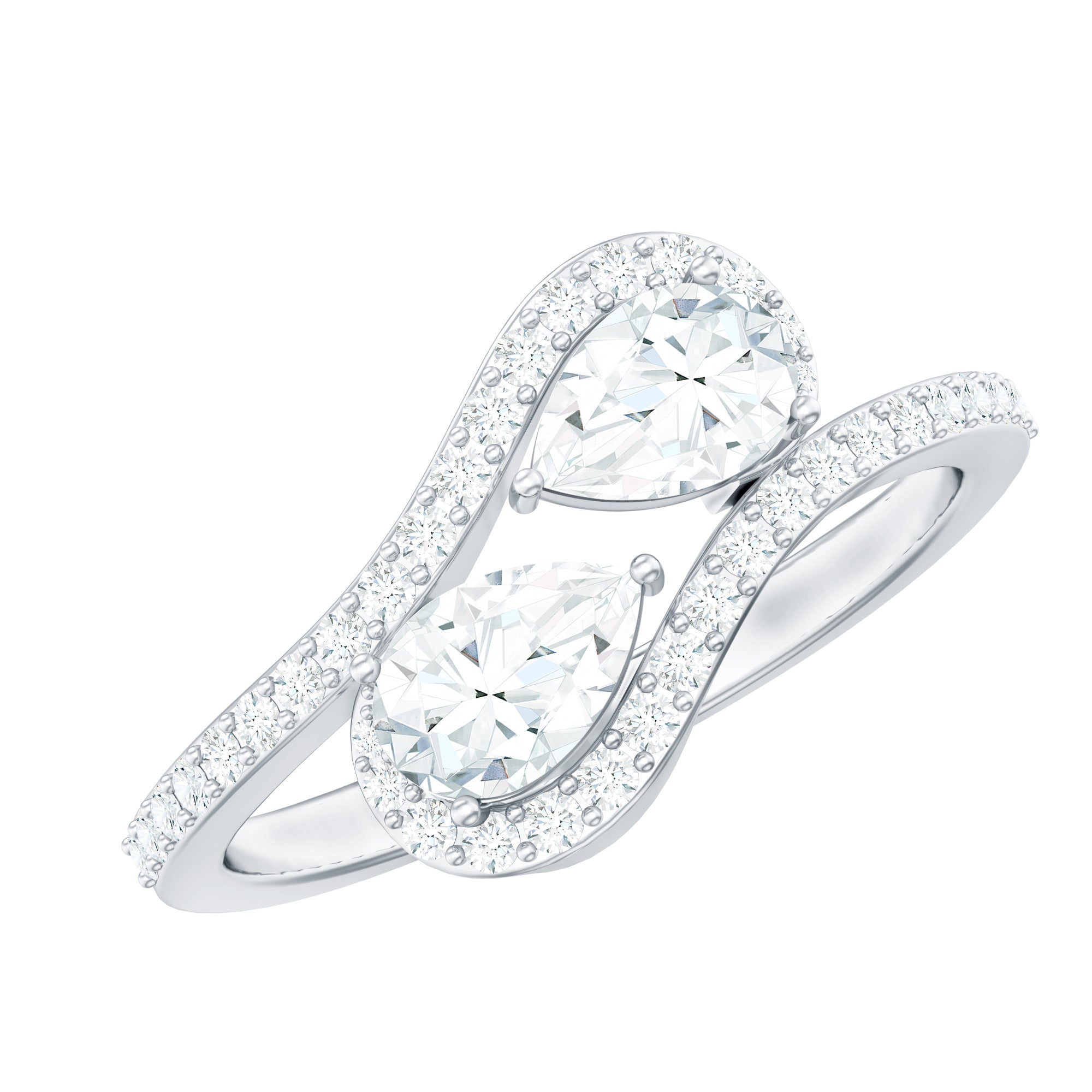 Pear Cut Moissanite 2 Stone Engagement Ring with Bypass Shank