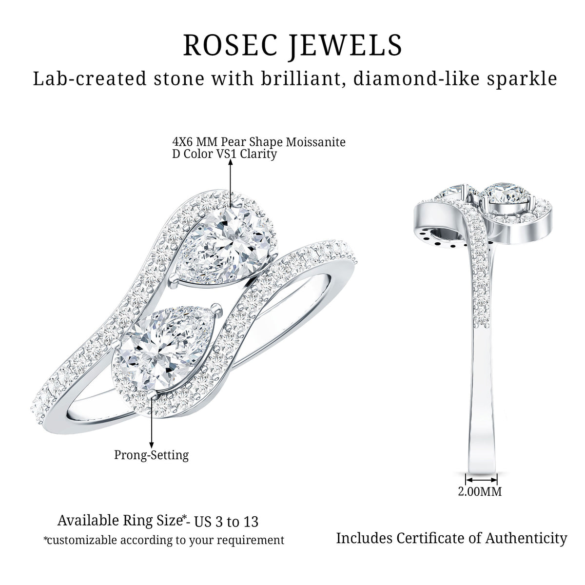 Pear Cut Moissanite 2 Stone Engagement Ring with Bypass Shank D-VS1 - Rosec Jewels