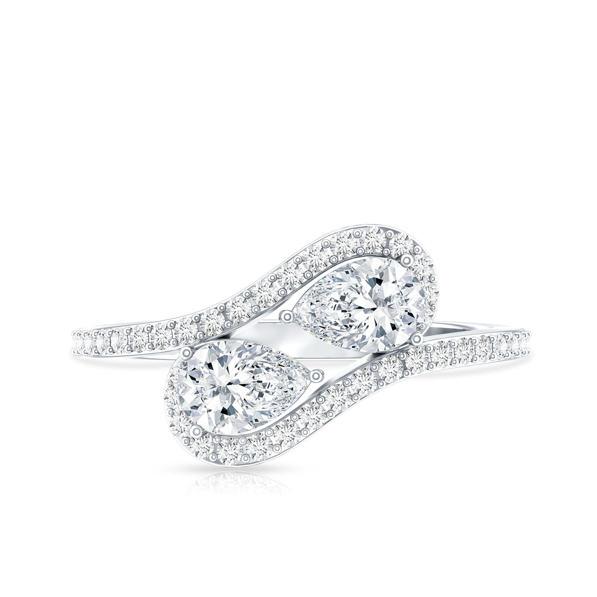 Pear Cut Moissanite 2 Stone Engagement Ring with Bypass Shank D-VS1 - Rosec Jewels