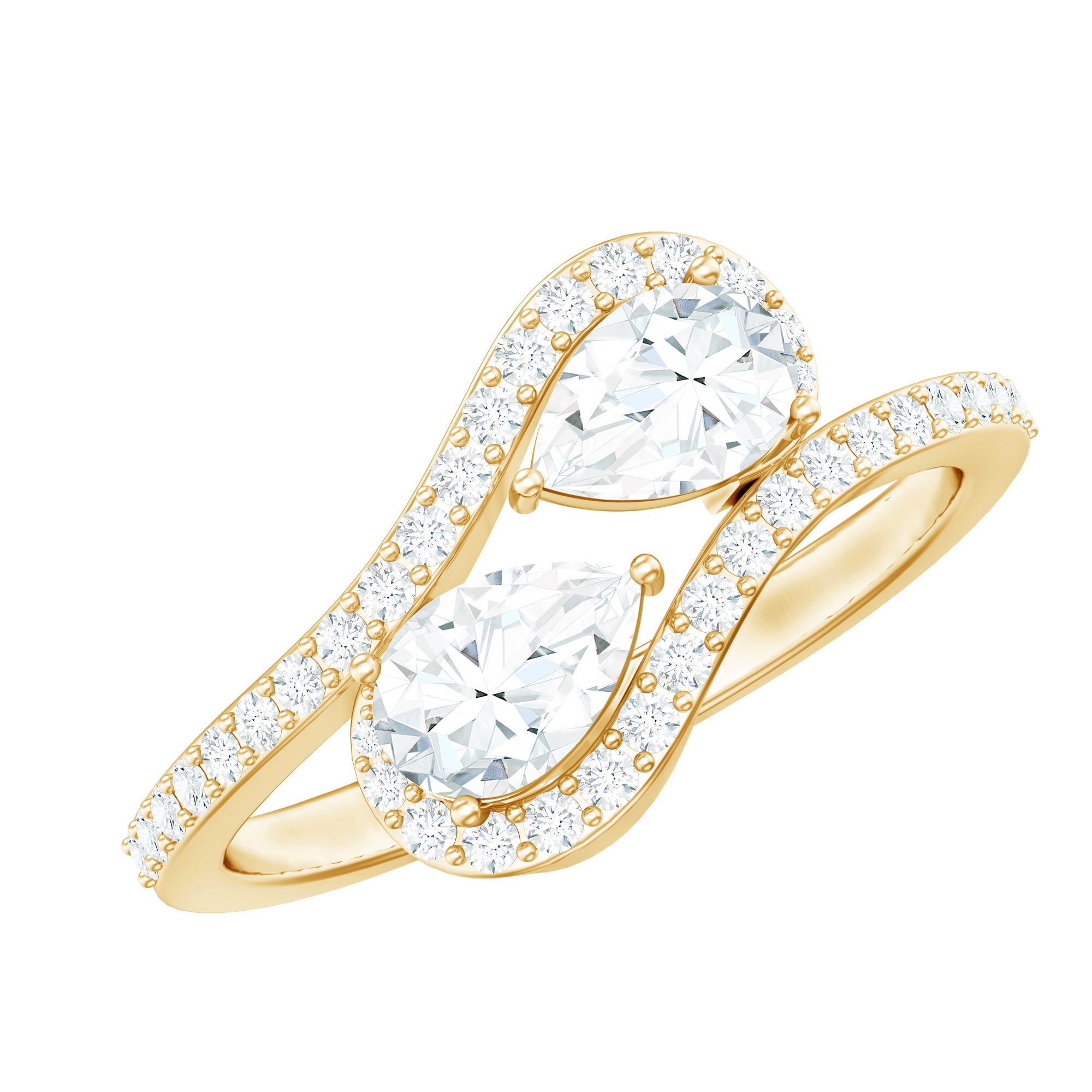 Pear Cut Moissanite 2 Stone Engagement Ring with Bypass Shank D-VS1 - Rosec Jewels