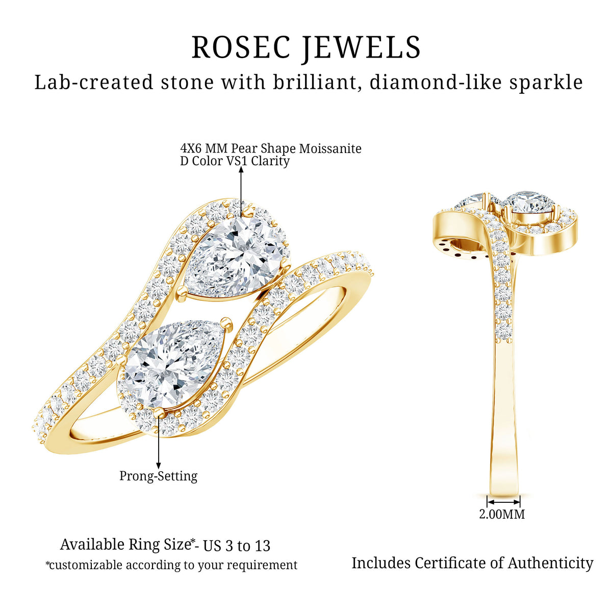 Pear Cut Moissanite 2 Stone Engagement Ring with Bypass Shank D-VS1 - Rosec Jewels
