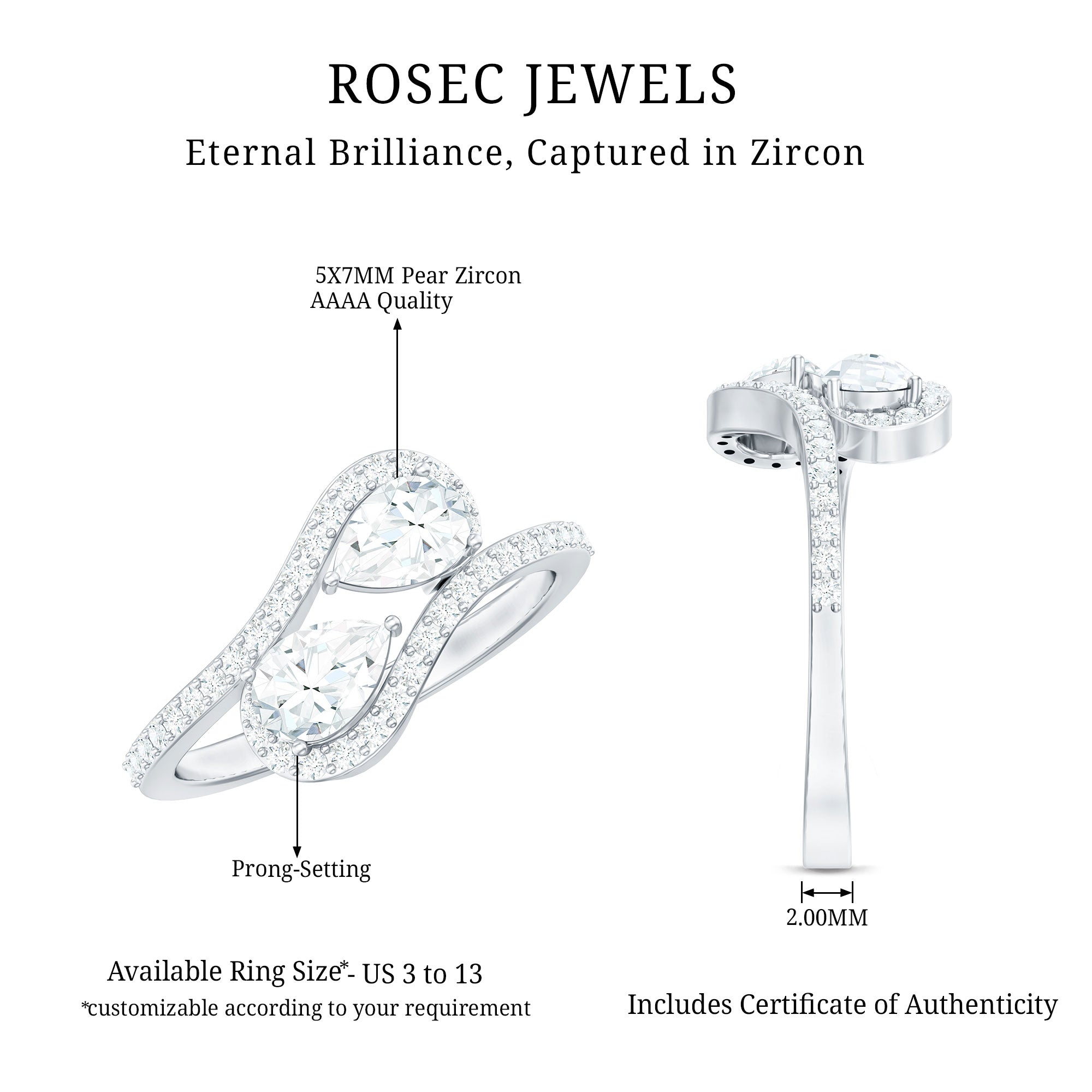 2.5 CT Pear Cut Two Stone Zircon Bypass Engagement Ring AAAA - Rosec Jewels