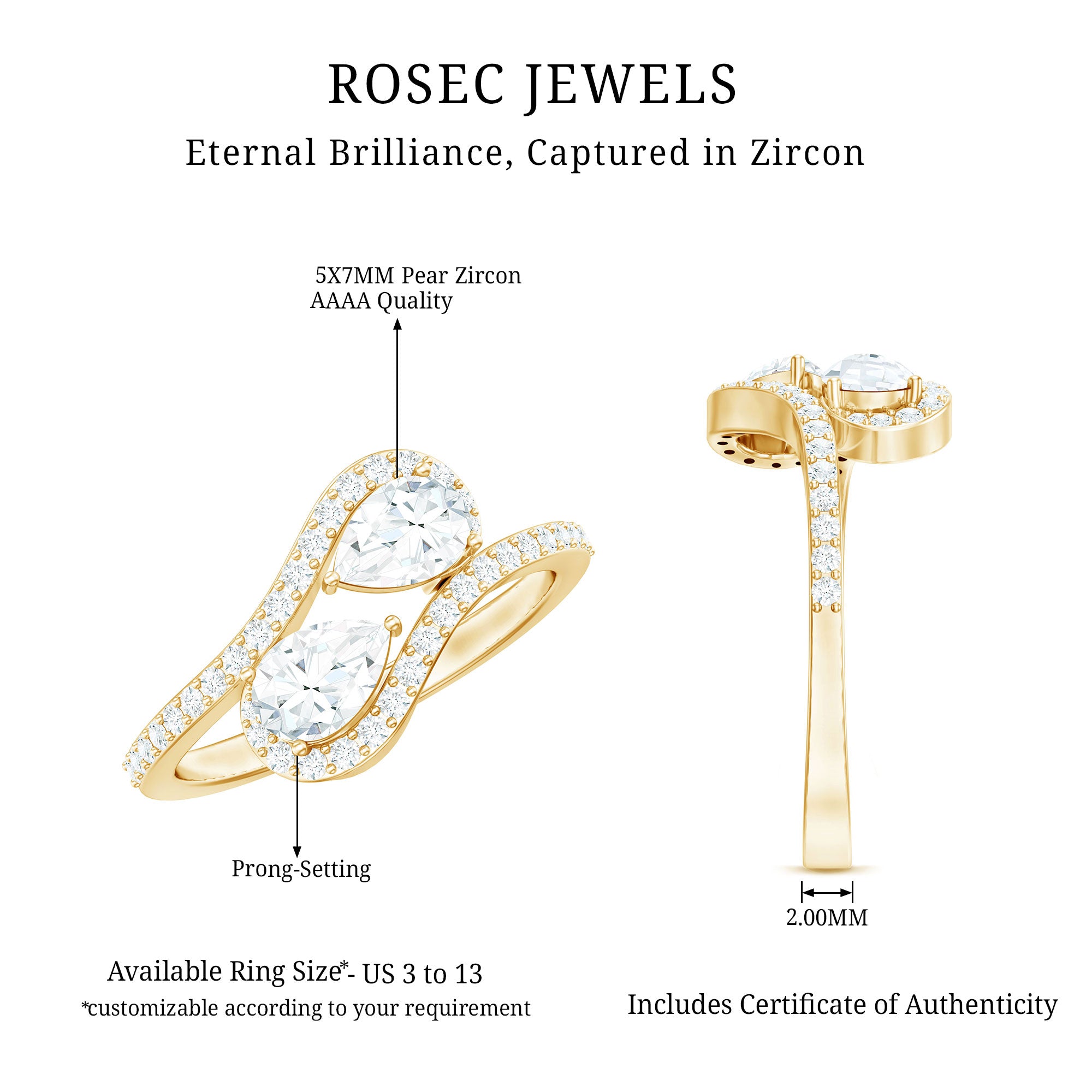 2.5 CT Pear Cut Two Stone Zircon Bypass Engagement Ring AAAA - Rosec Jewels