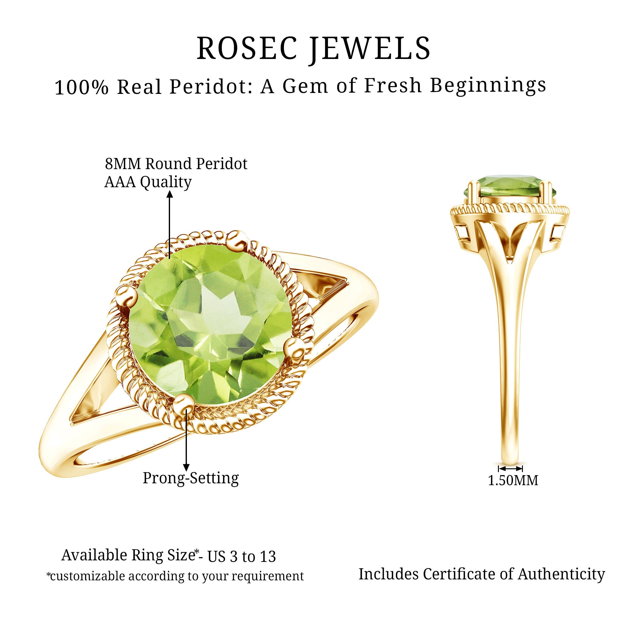 Natural 2 Carat Peridot Solitaire Engagement Ring with Split Shank AAA - Rosec Jewels