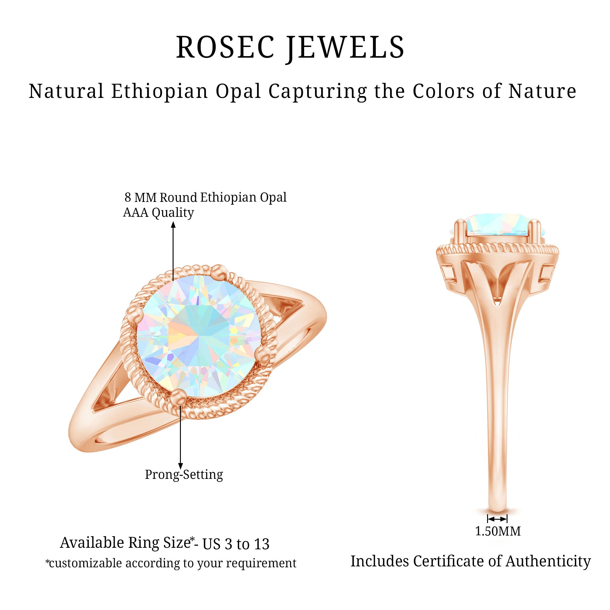 Certified Real 8 mm Round Ethiopian Opal Split Shank Engagement Ring with Twisted Rope AAA - Rosec Jewels