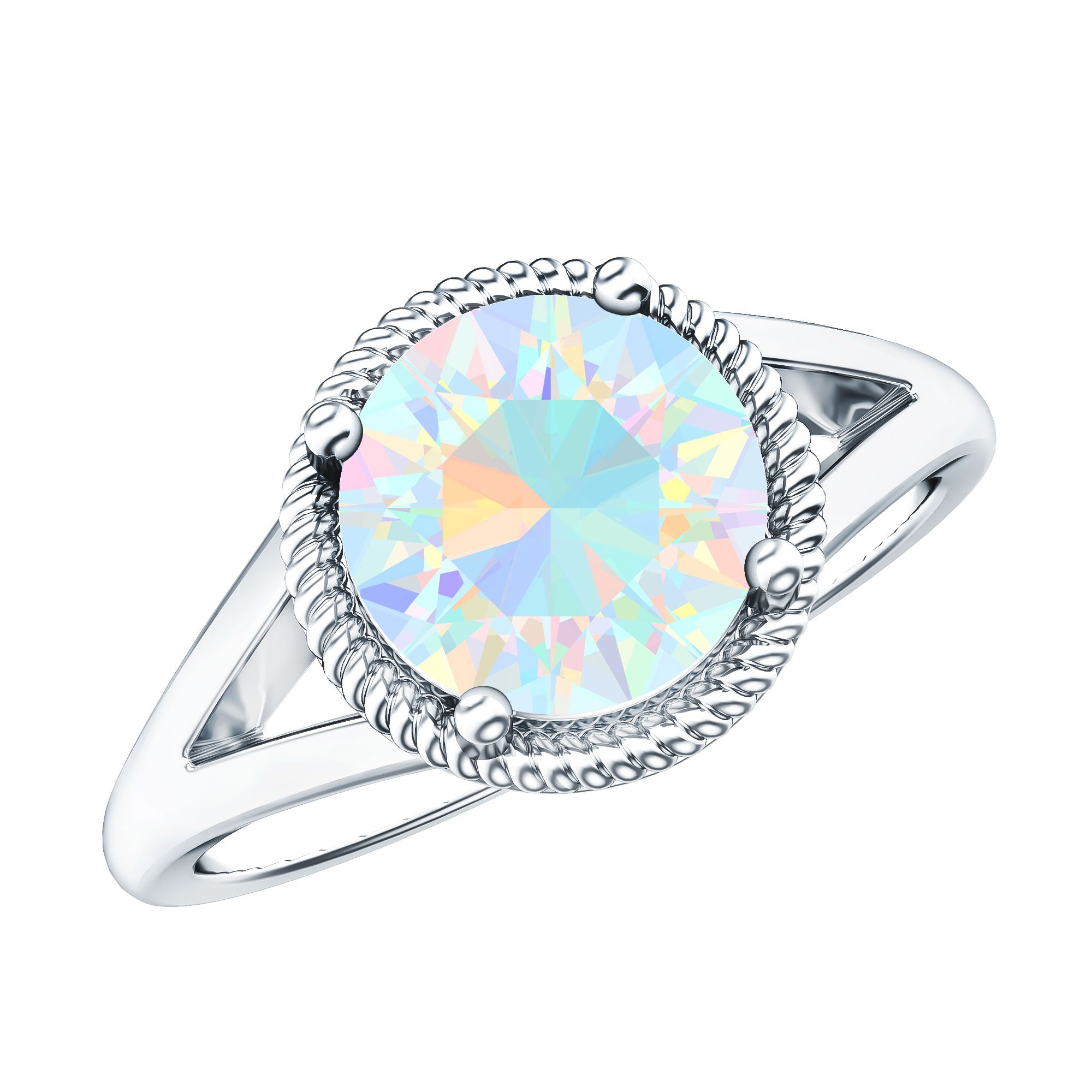 Certified Real 8 mm Round Ethiopian Opal Split Shank Engagement Ring with Twisted Rope AAA - Rosec Jewels