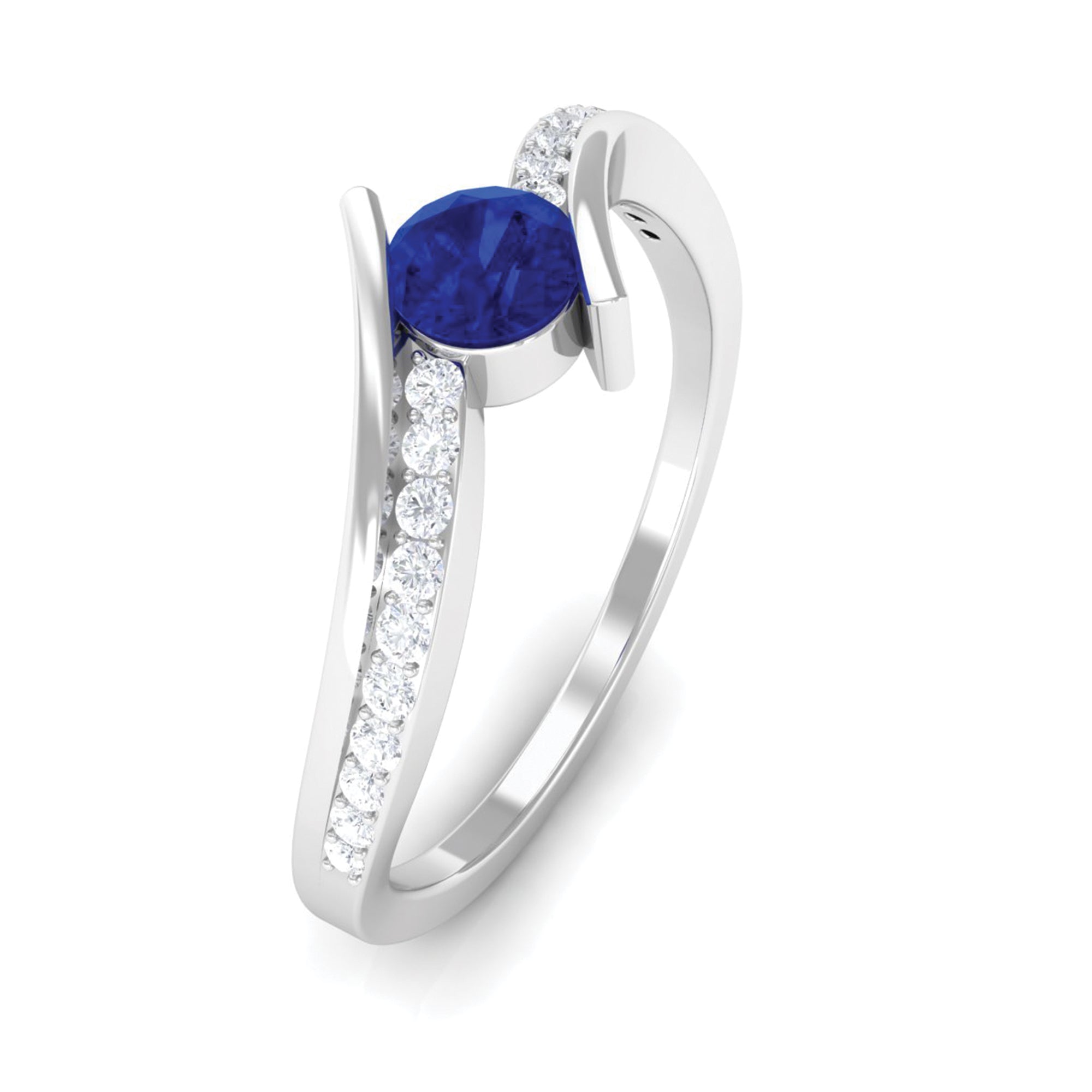 Round Genuine Blue Sapphire Bypass Engagement Ring with Diamond AAA - Rosec Jewels