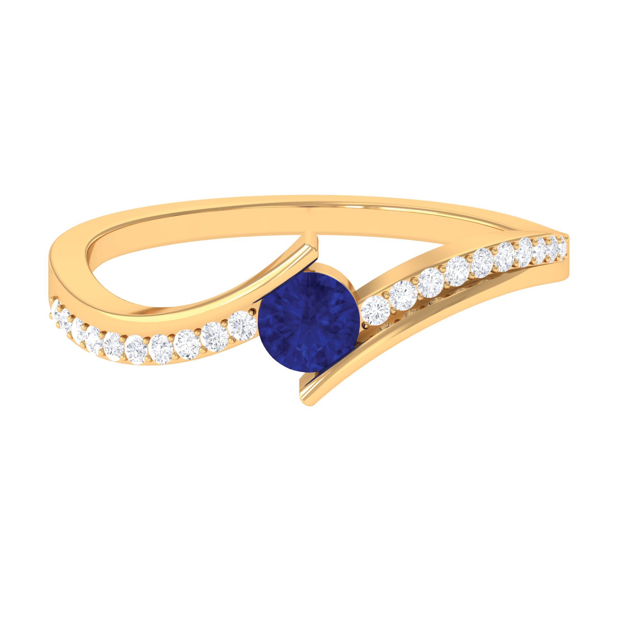 Round Genuine Blue Sapphire Bypass Engagement Ring with Diamond AAA - Rosec Jewels