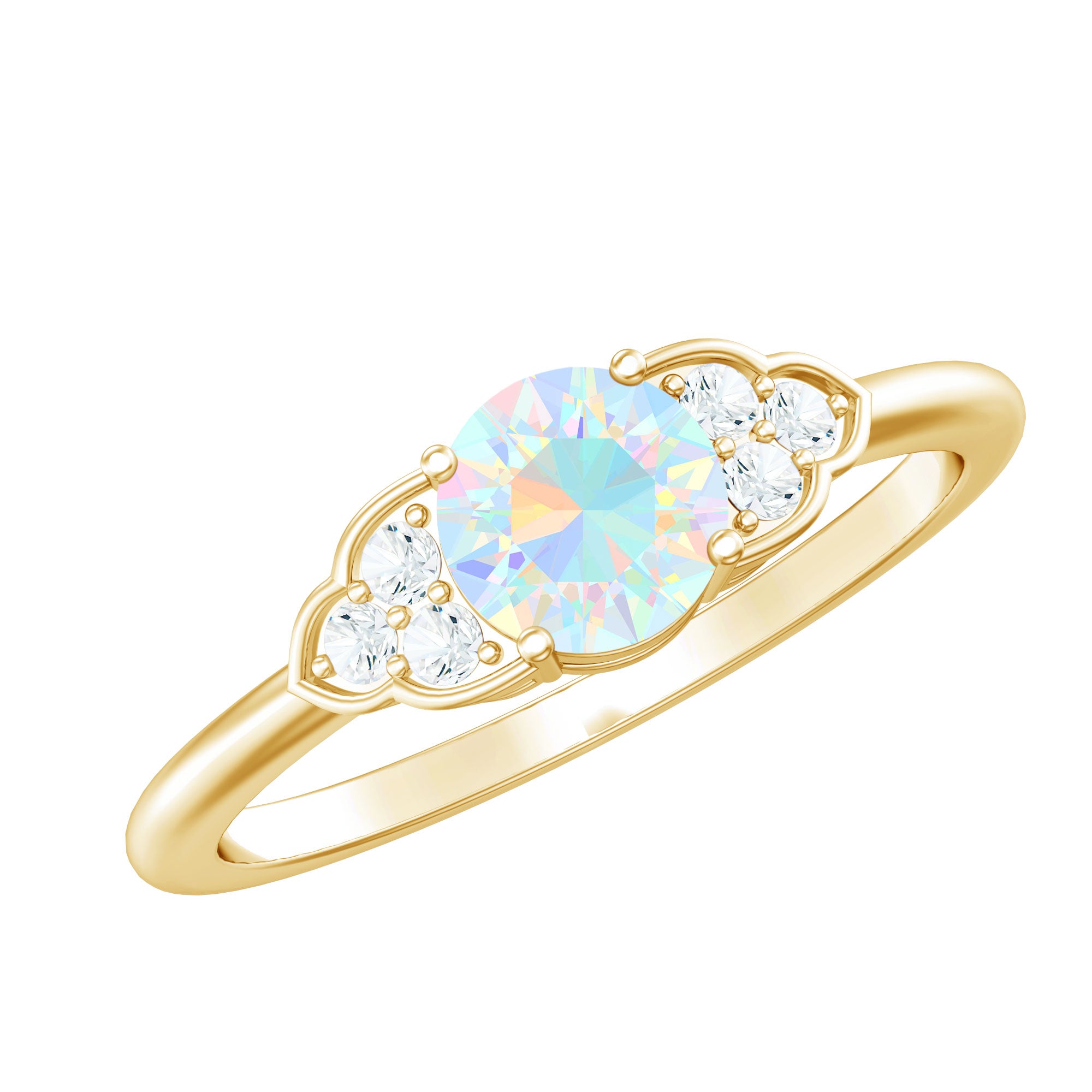 Natural Ethiopian Rainbow Opal Engagement Ring with Diamond Trio AAA - Rosec Jewels