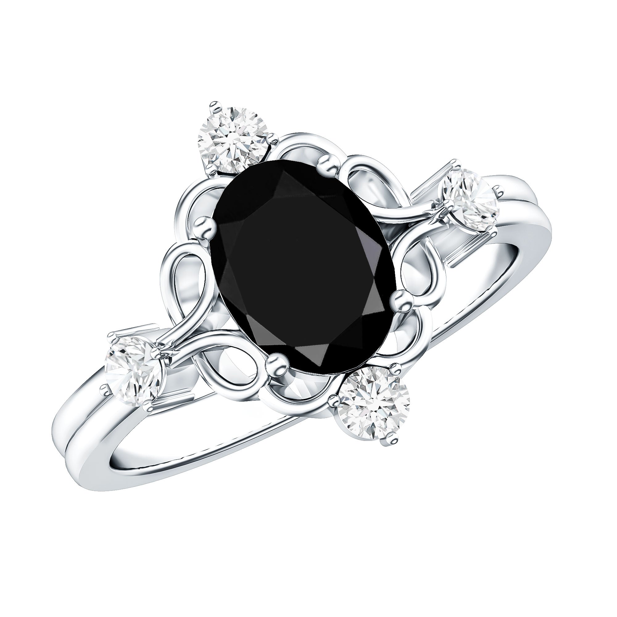 Vintage Style 1.9 Carat Lab Grown Black Diamond Oval Engagement Ring with White Diamond AAAA ( Synthetic ) - Rosec Jewels