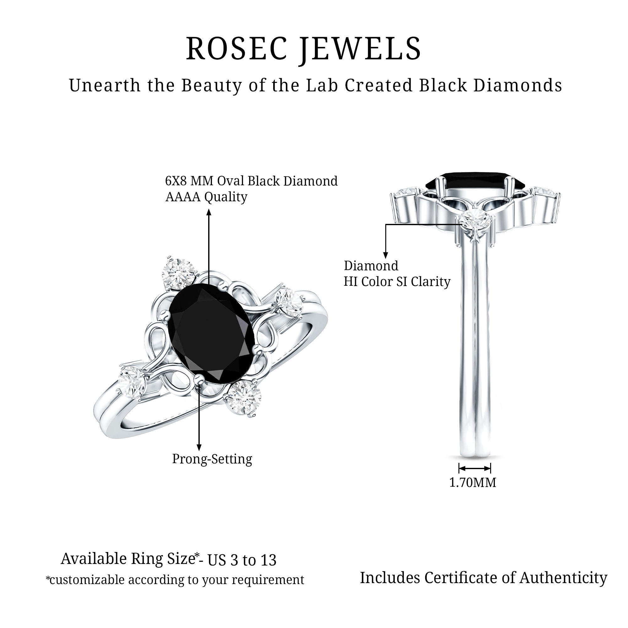 Vintage Style 1.9 Carat Lab Grown Black Diamond Oval Engagement Ring with White Diamond AAAA ( Synthetic ) - Rosec Jewels