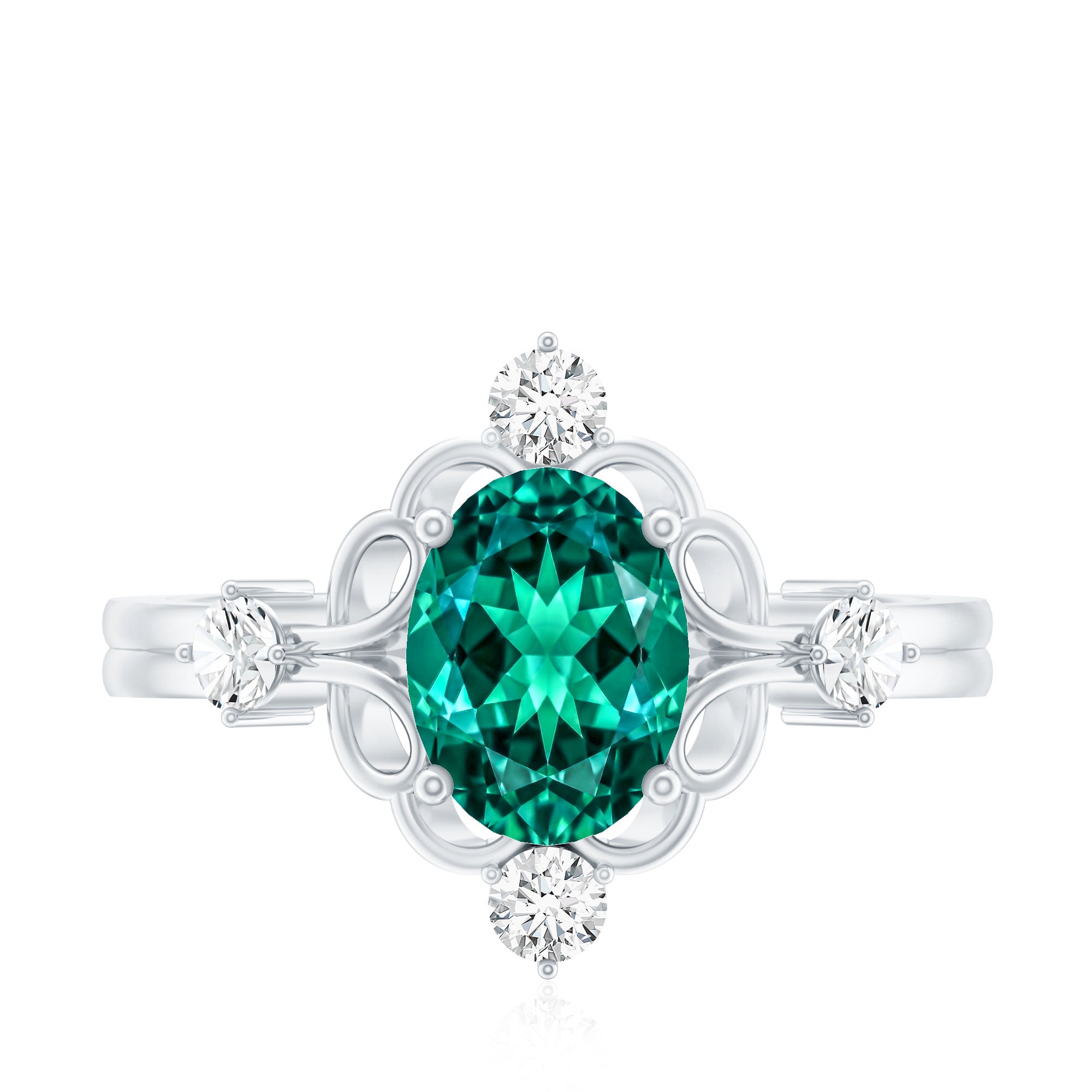 Vintage Inspired 1.2 Carat Lab Grown Emerald Oval Engagement Ring with Diamond AAAA - Rosec Jewels