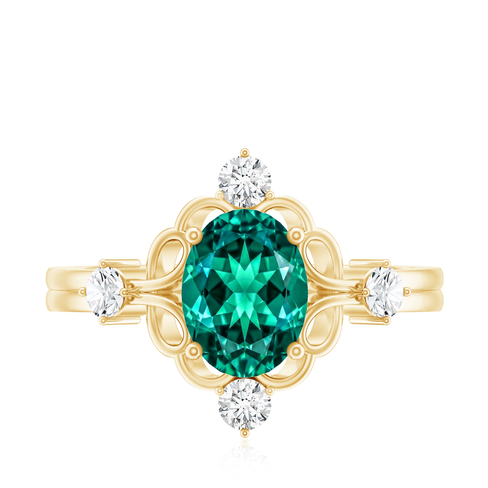 Vintage Inspired 1.2 Carat Lab Grown Emerald Oval Engagement Ring with Diamond AAAA - Rosec Jewels