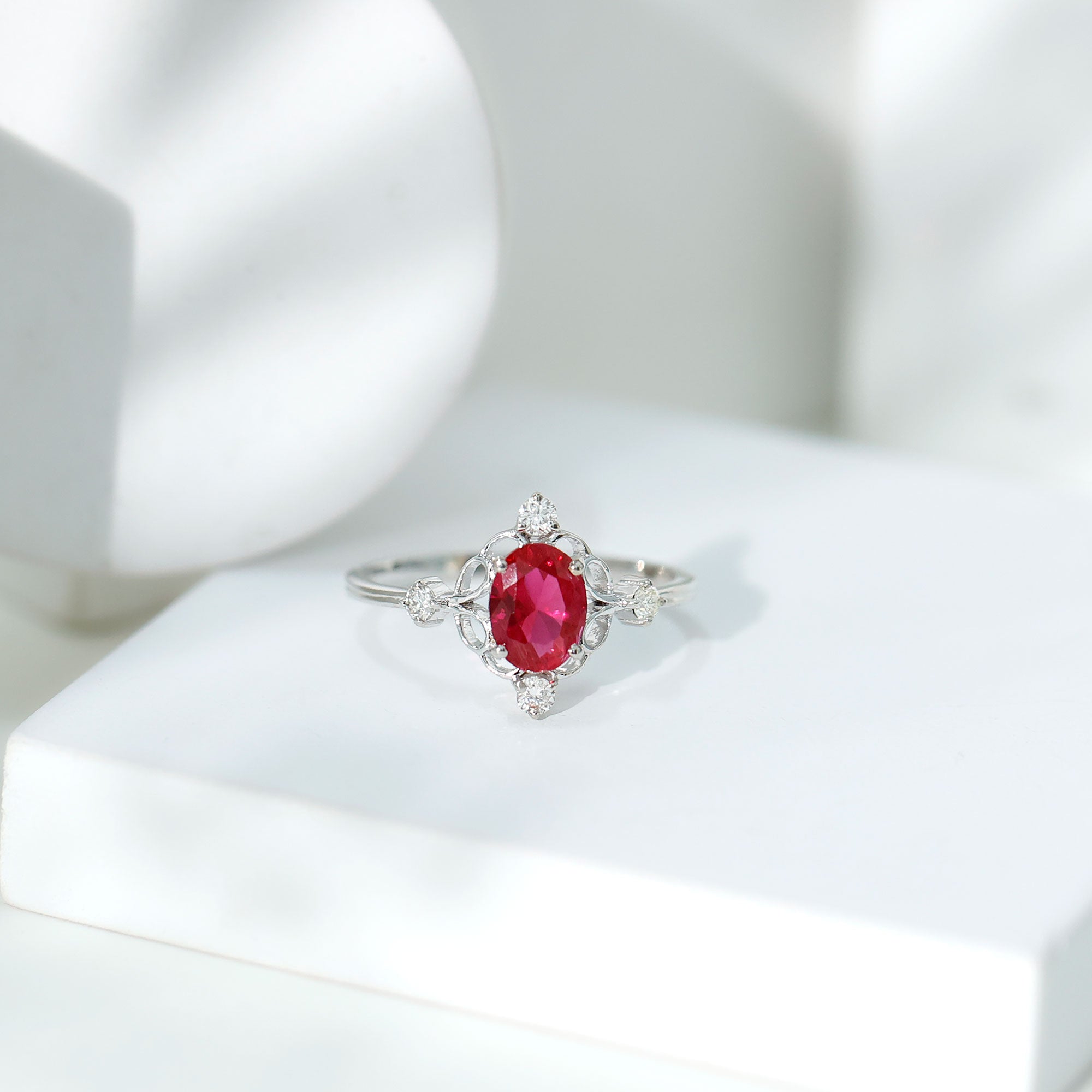 Rosec Jewels-Oval Cut Created Ruby Solitaire Cocktail Ring with Diamond