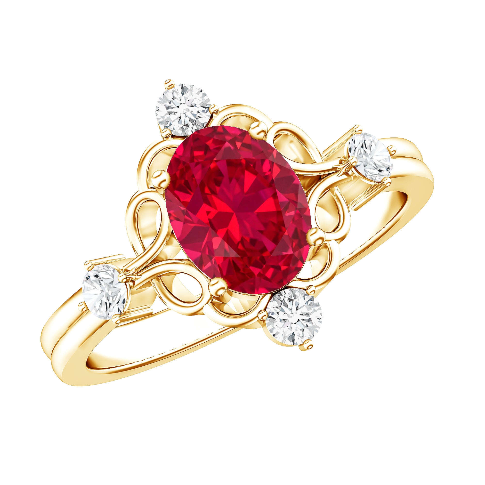 Oval Cut Created Ruby Solitaire Cocktail Ring with Diamond AAAA - Rosec Jewels