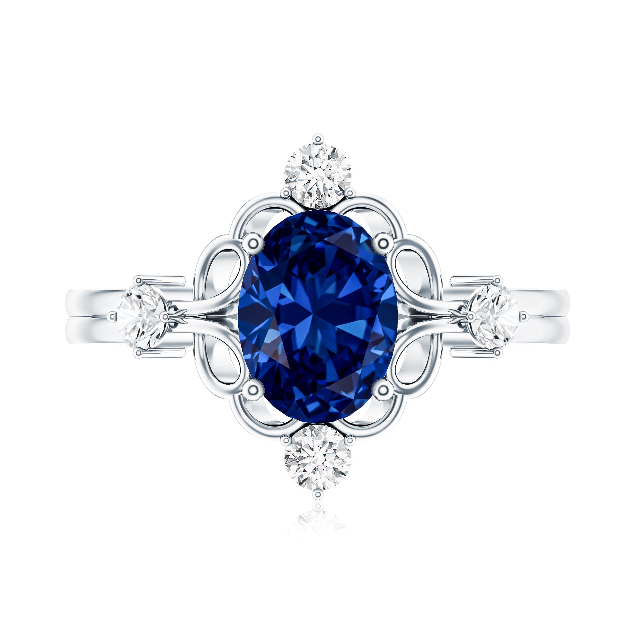 1.5 Carat Oval Cut Lab Grown Blue Sapphire Vintage Engagement Ring with Diamond AAAA - Rosec Jewels